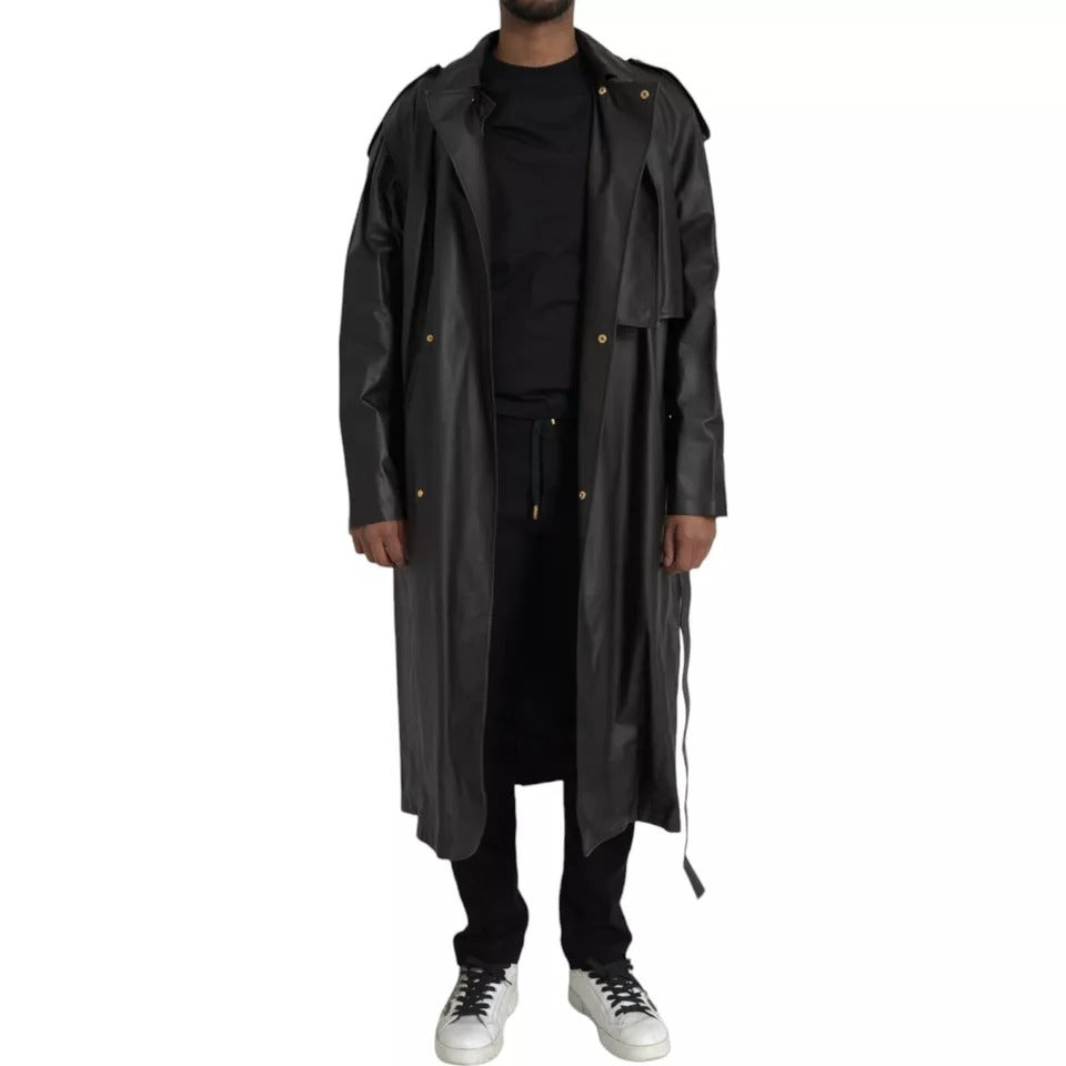 Trench-coat imperméable en cuir noir pour homme