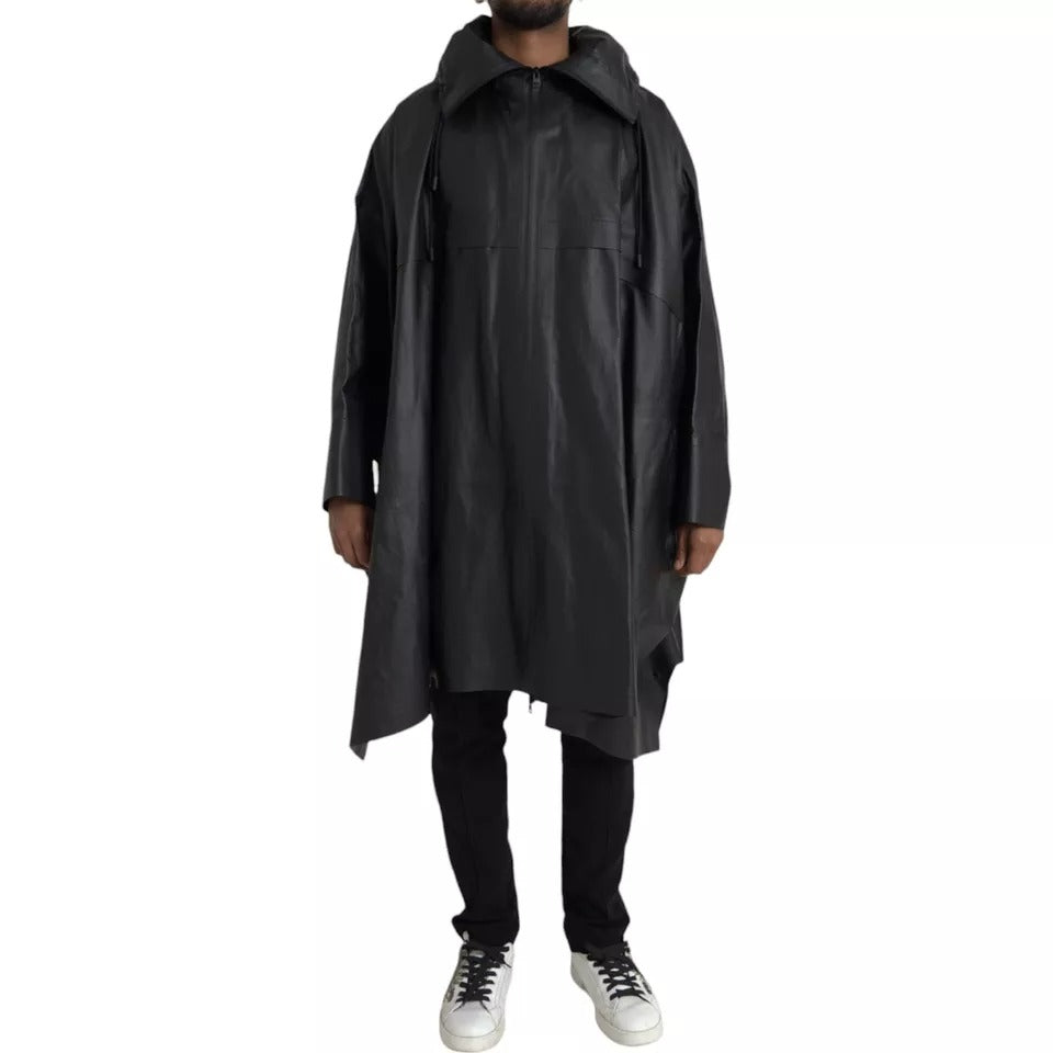 Schwarzer Kapuzen-Trenchcoat aus Leder