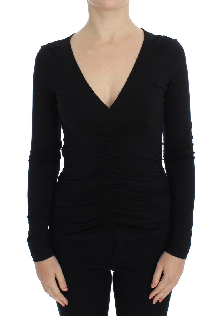Schwarzer V-Ausschnitt-Pullover aus Synthetik-Stretch von Versace Jeans Couture