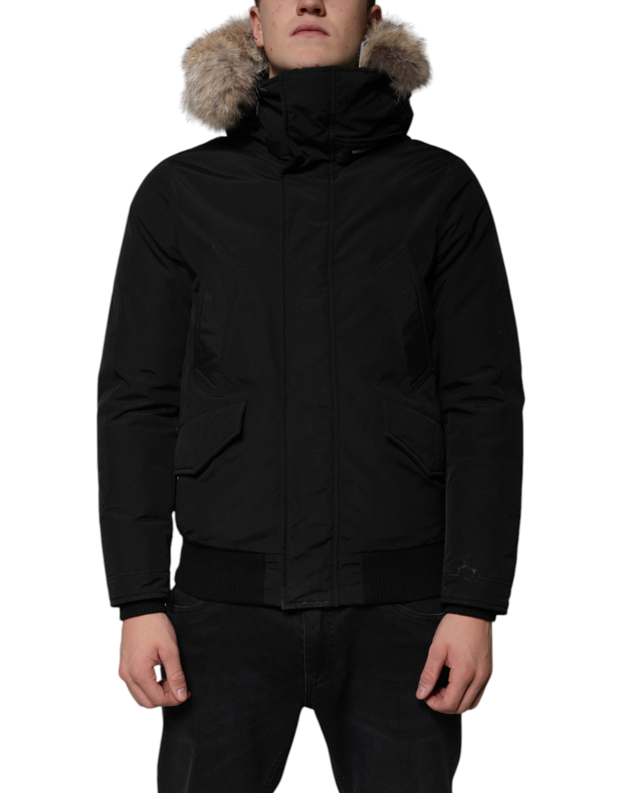 Schwarze Woolrich Daunenjacke mit Kapuze und Fellbesatz