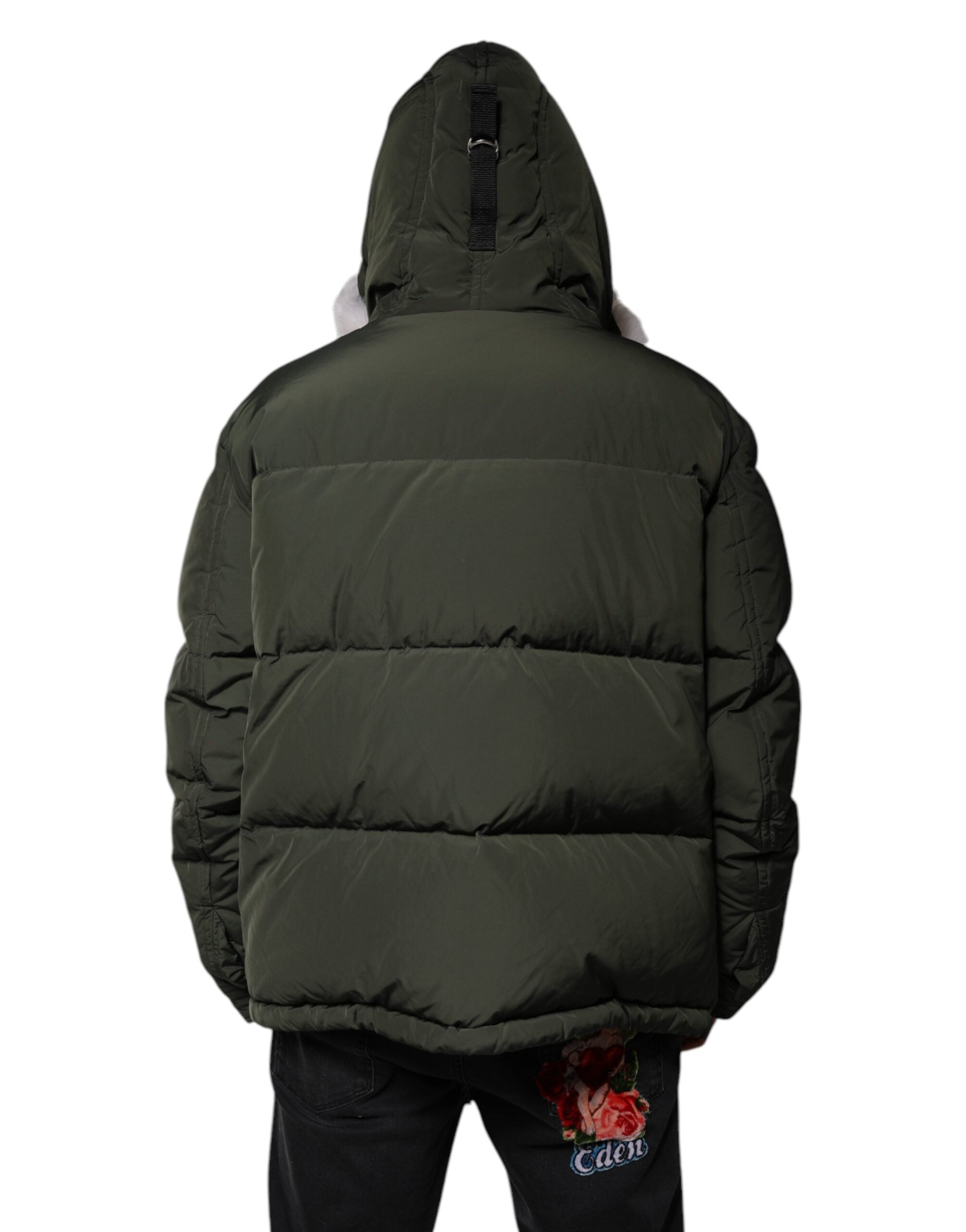 Veste en peau lainée verte à capuche et manches longues