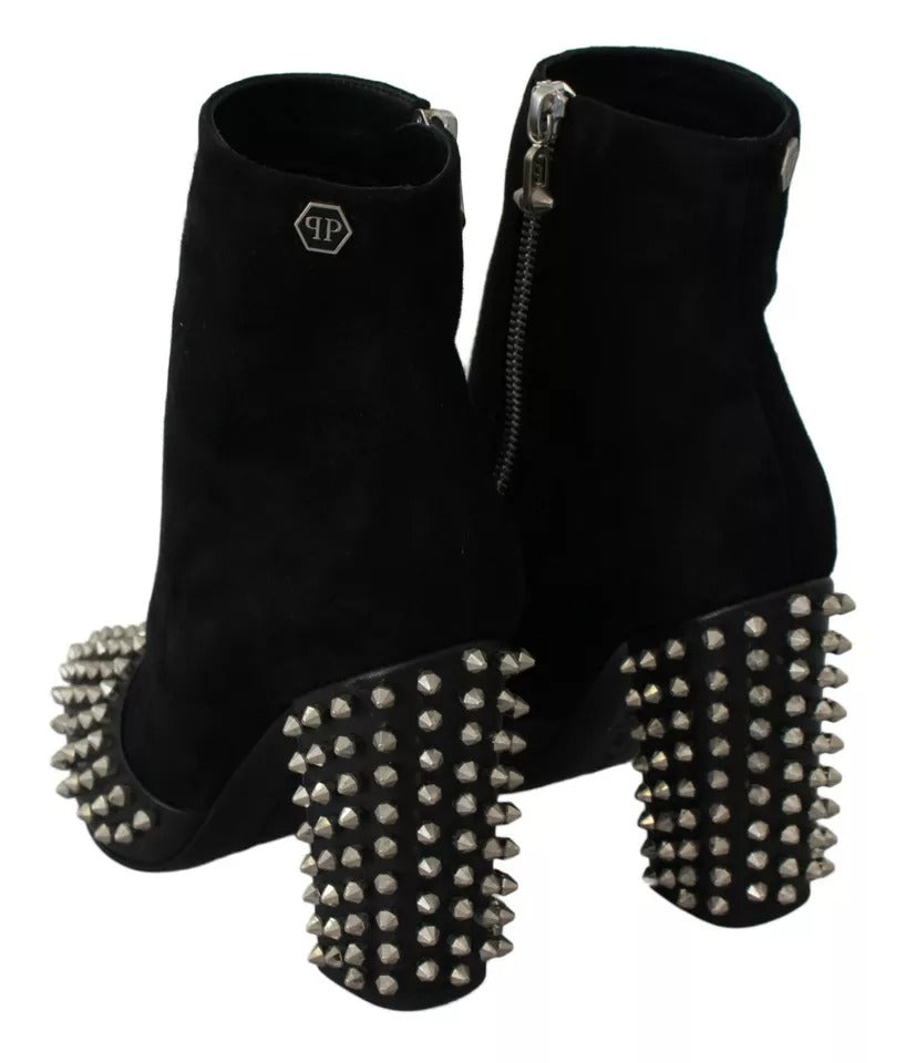 Black Leather Studded Ankle Heel Boots