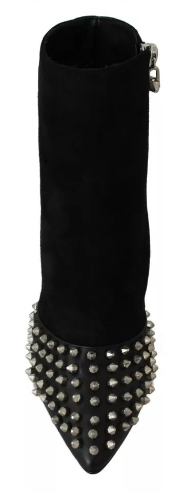 Black Leather Studded Ankle Heel Boots