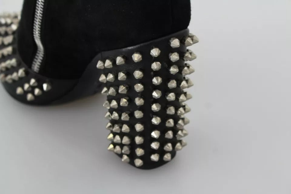 Black Leather Studded Ankle Heel Boots