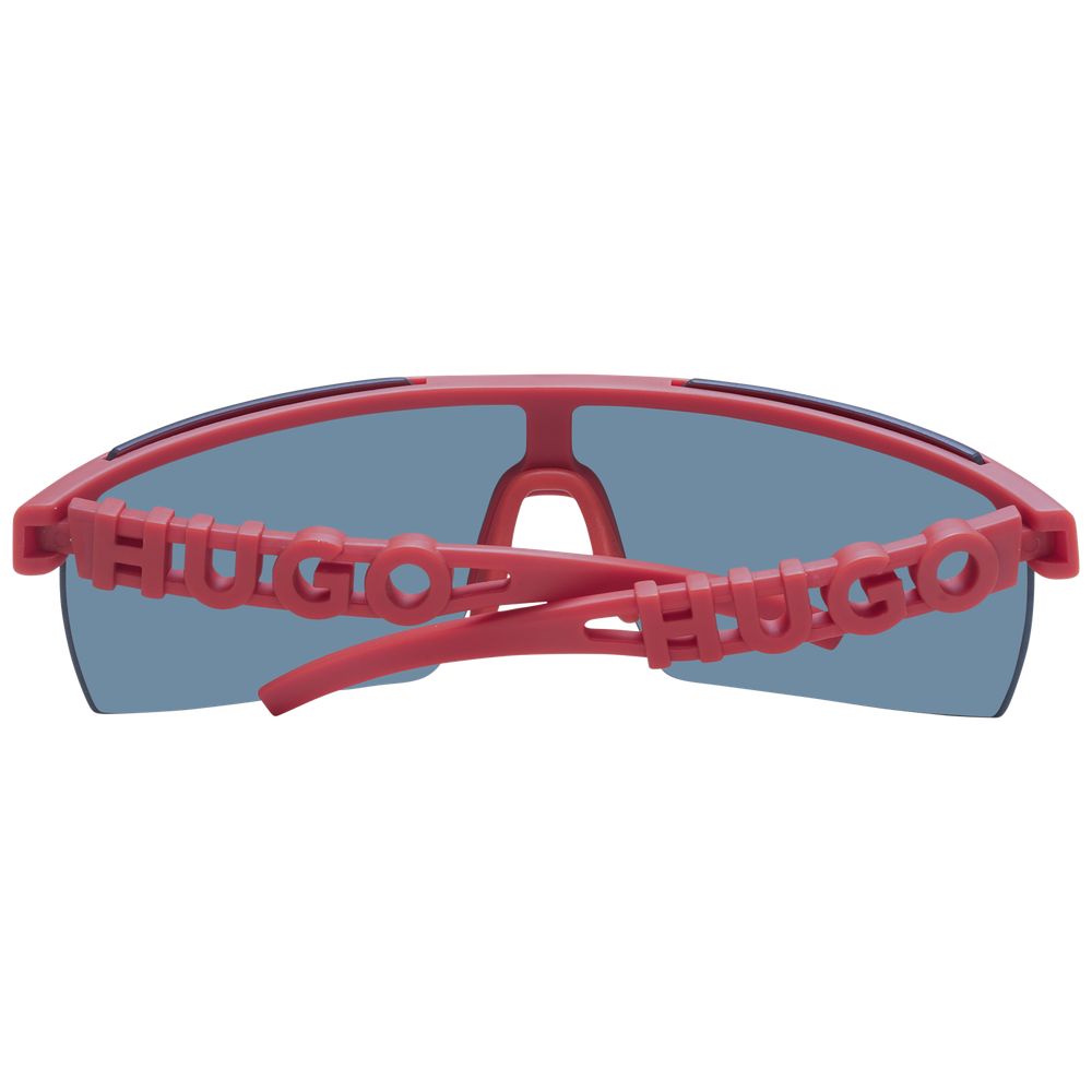 Rote synthetische Sonnenbrille mit verspiegelten orangefarbenen Gläsern