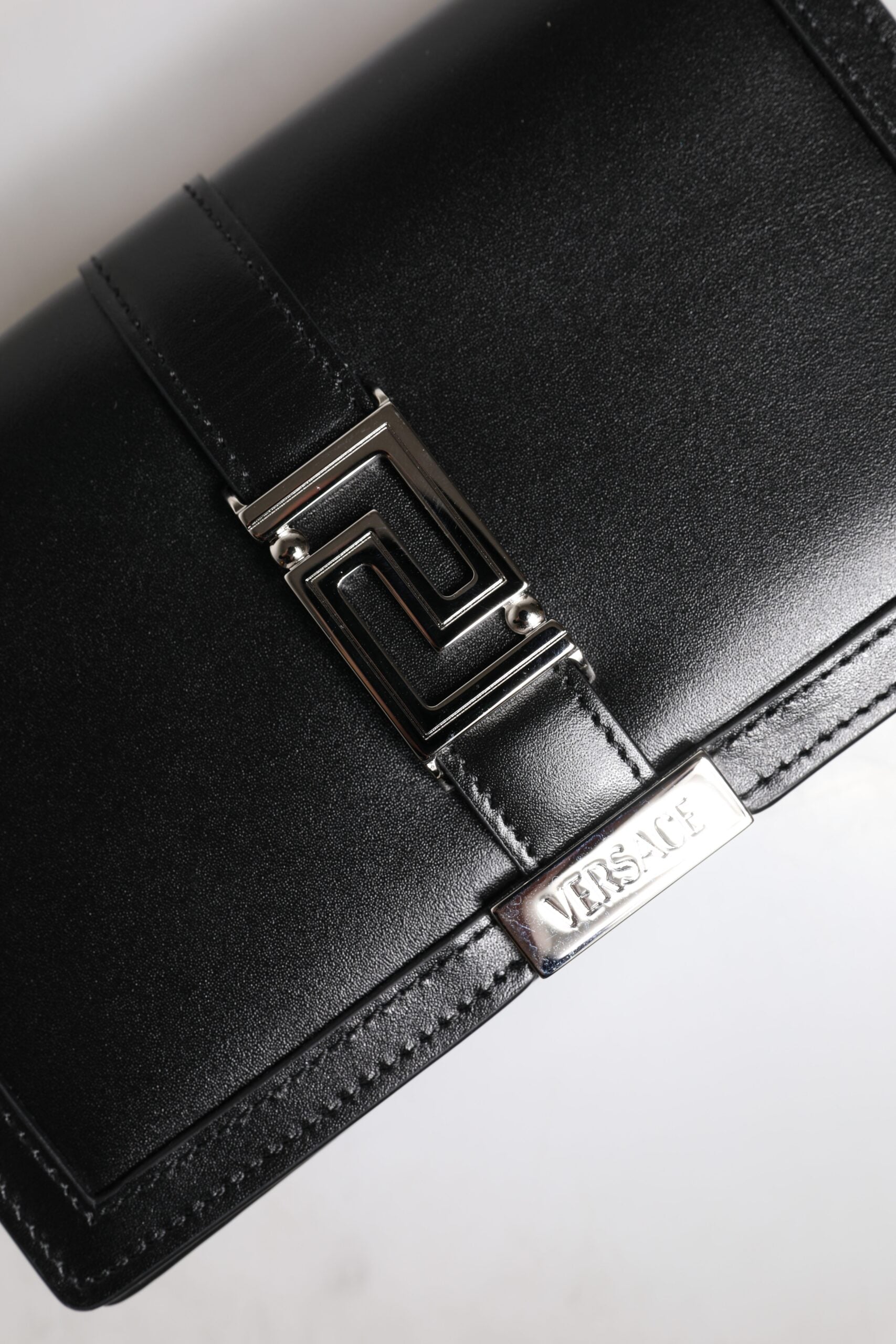 Black Leather Crossbody Bag with Chain Strap by Versace