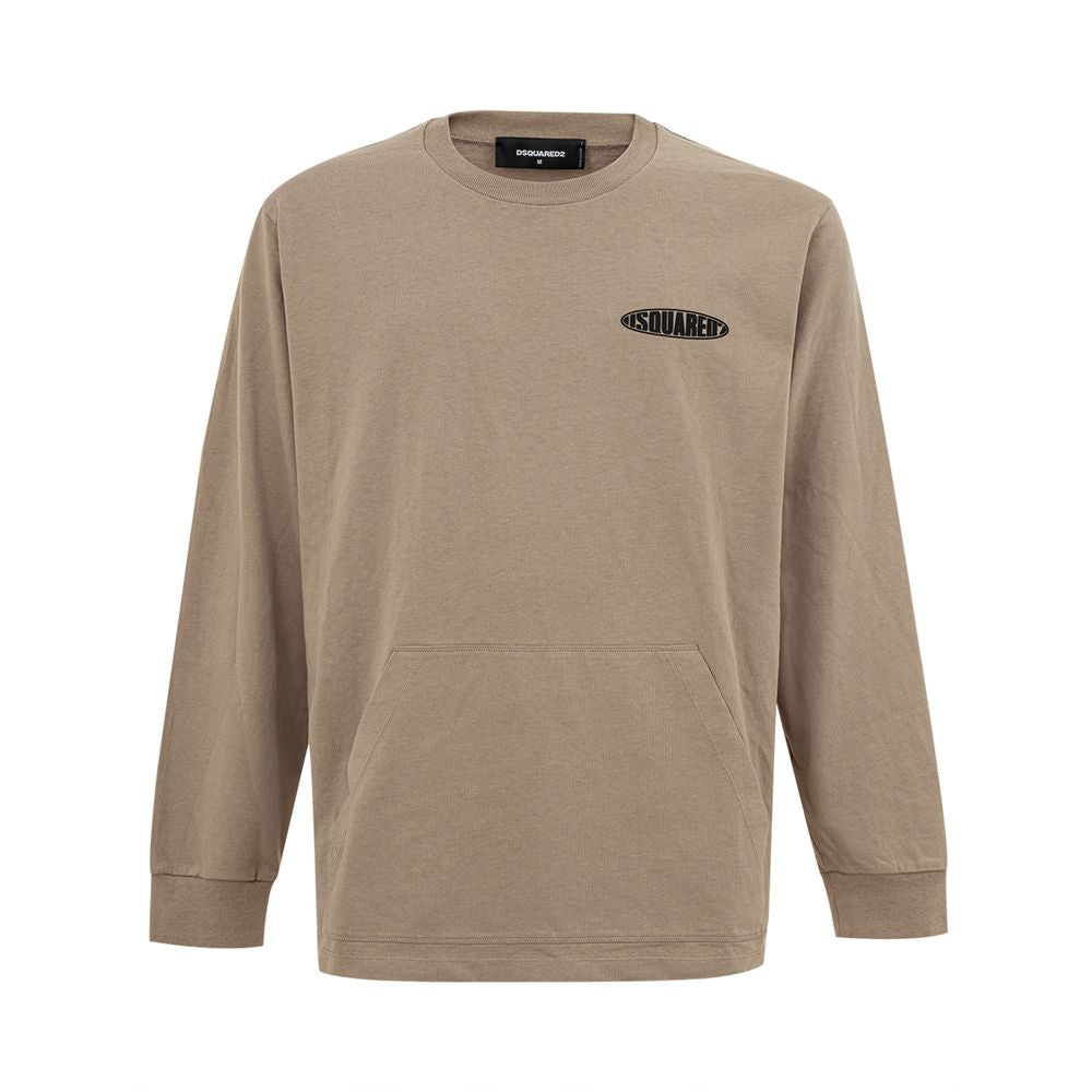 Beige Cotton Long-Sleeve T-Shirt with Logo Pocket