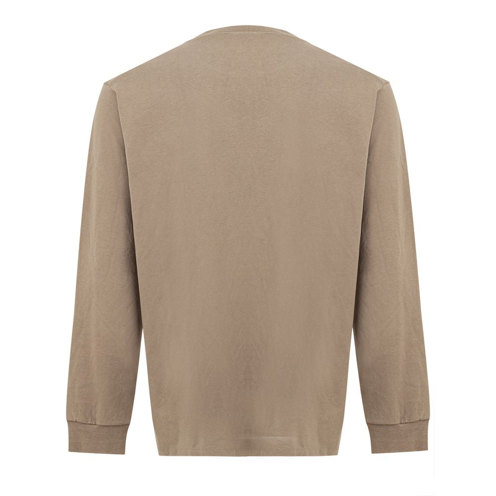 Beige Cotton Long-Sleeve T-Shirt with Logo Pocket