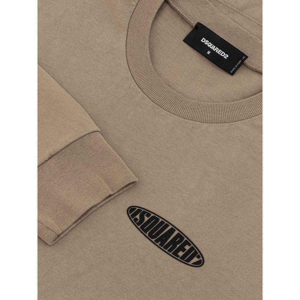 Beige Cotton Long-Sleeve T-Shirt with Logo Pocket