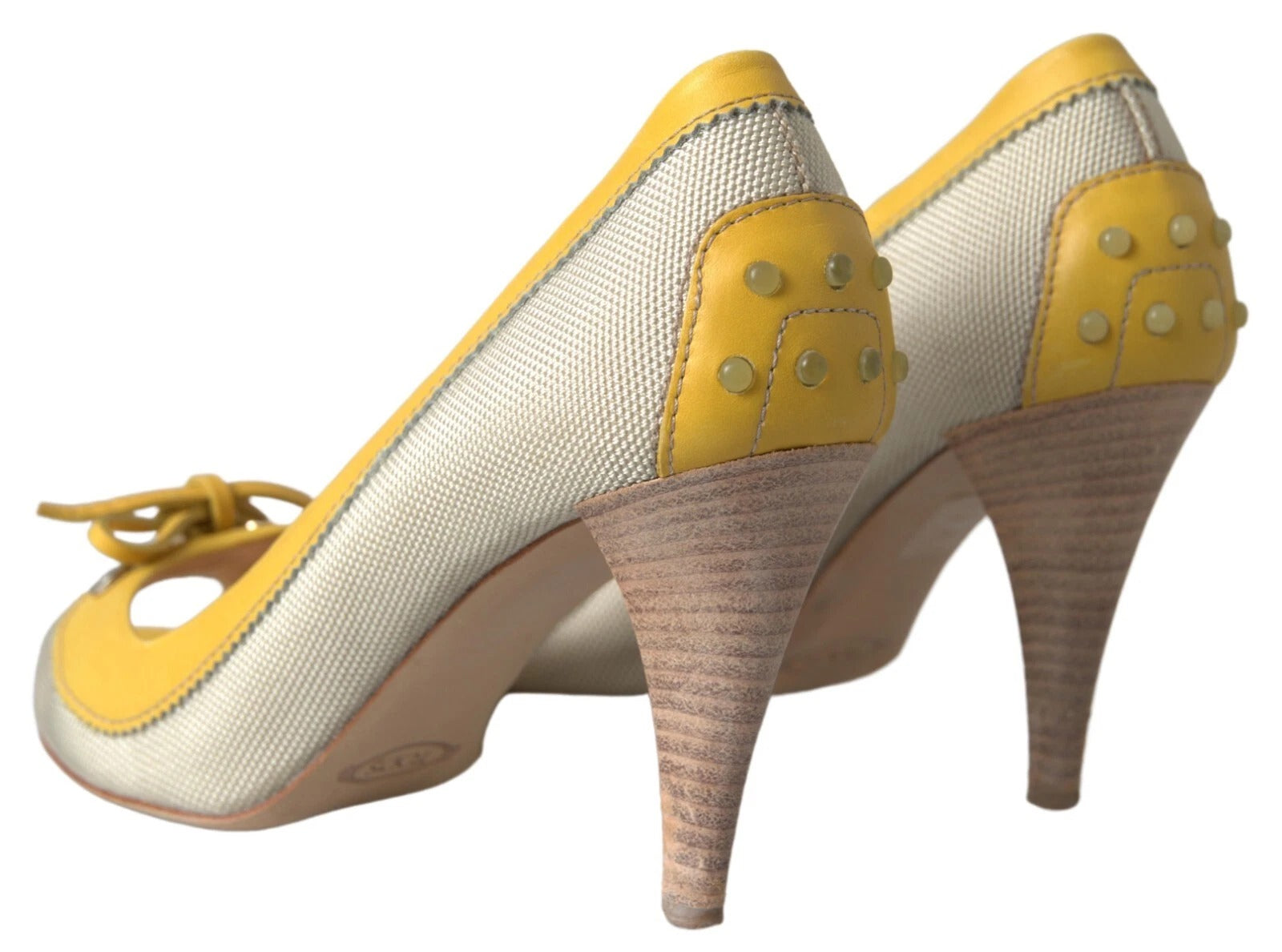 Yellow Off-White Leather Peep Toe Heels Pumps