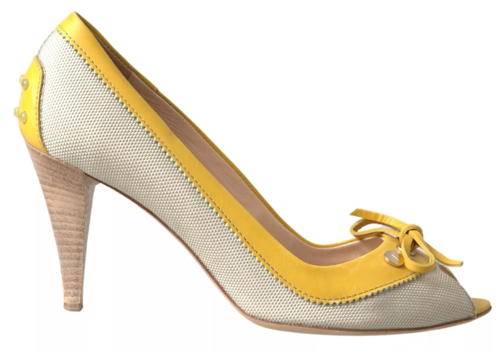Yellow Off-White Leather Peep Toe Heels Pumps