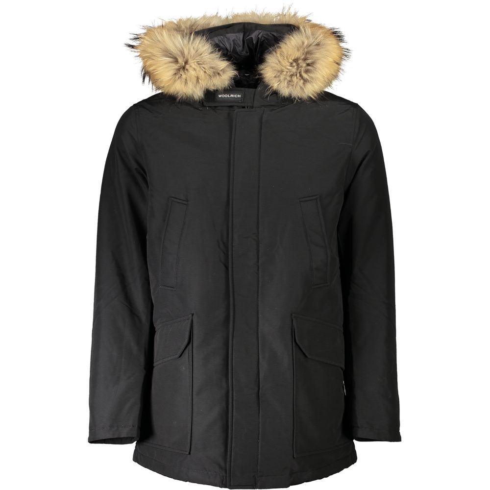 Black Cotton Jacket with Removable Fur-Trimmed Hood