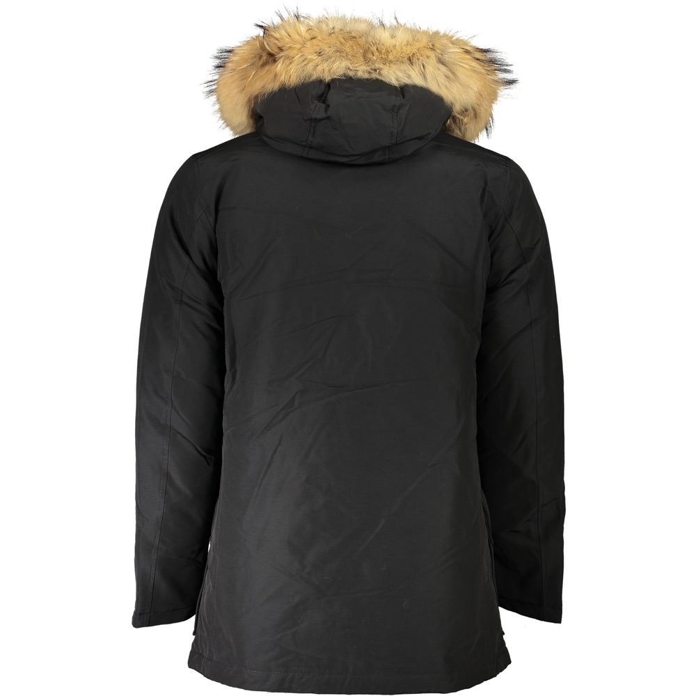 Black Cotton Jacket with Removable Fur-Trimmed Hood