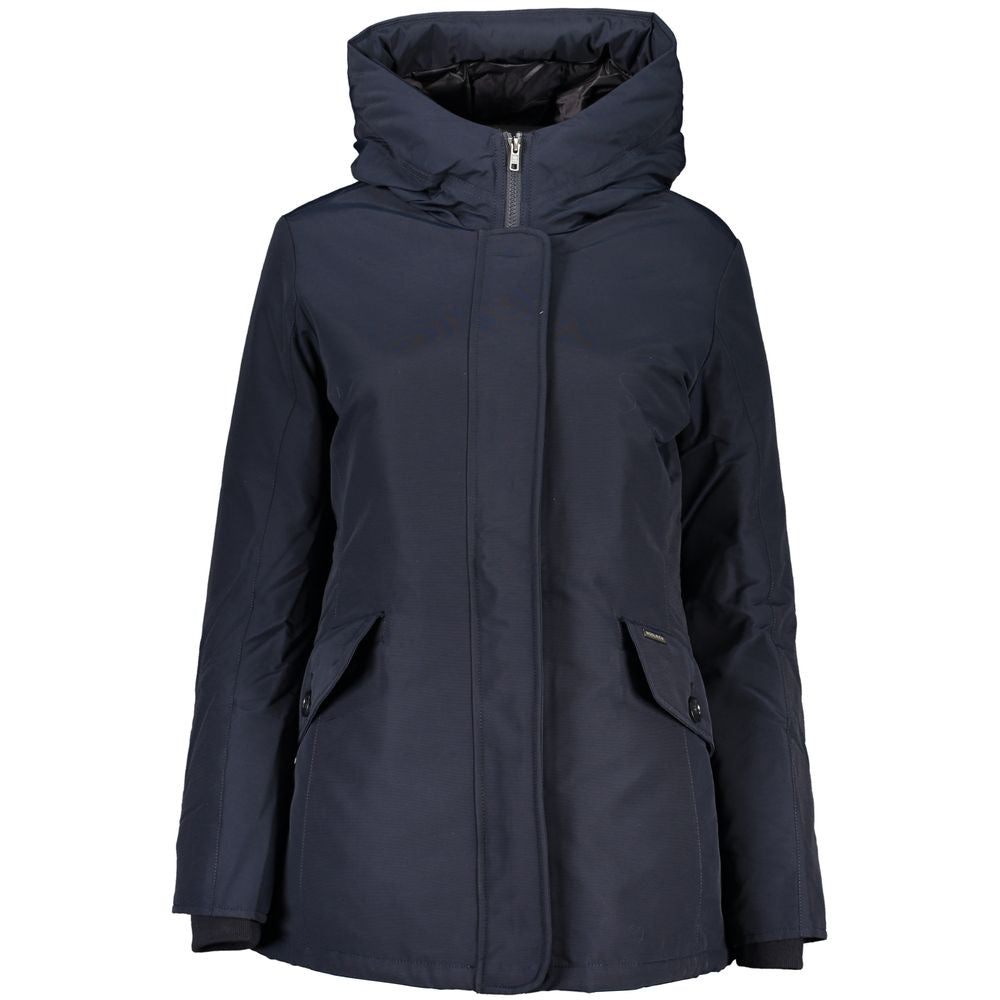 Blue Women's Cotton Blend Hooded Jacket with Zip Closure