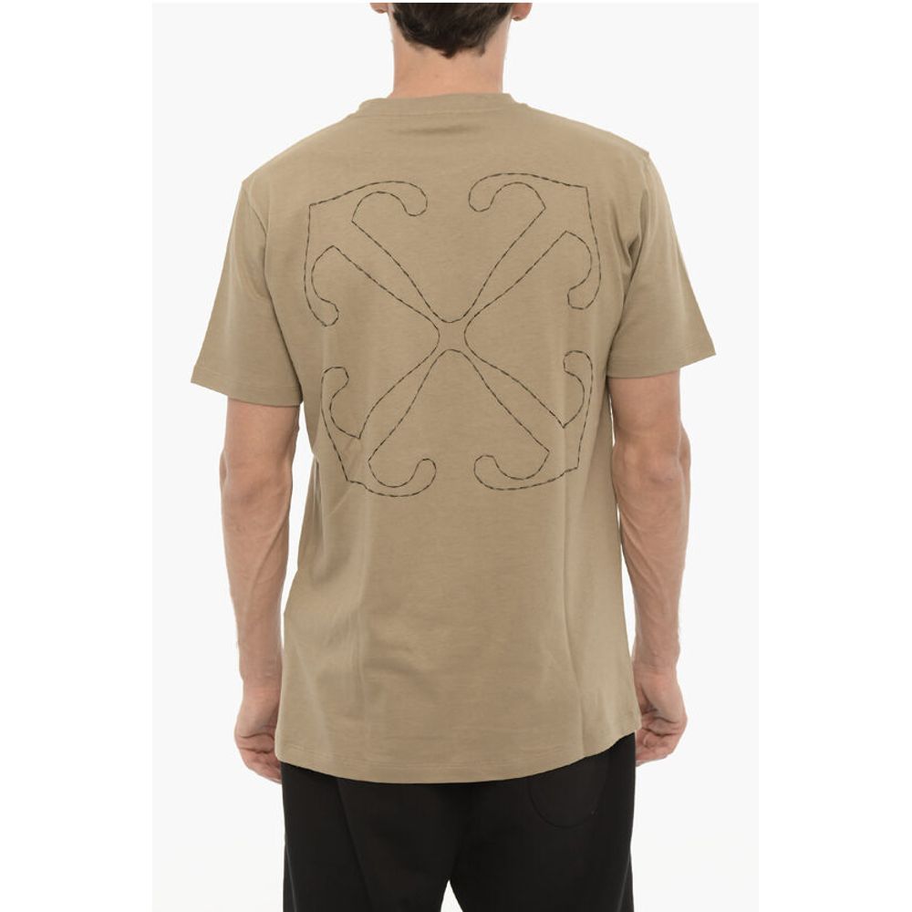 Beige Slim Fit Cotton T-Shirt with Embroidered Logo