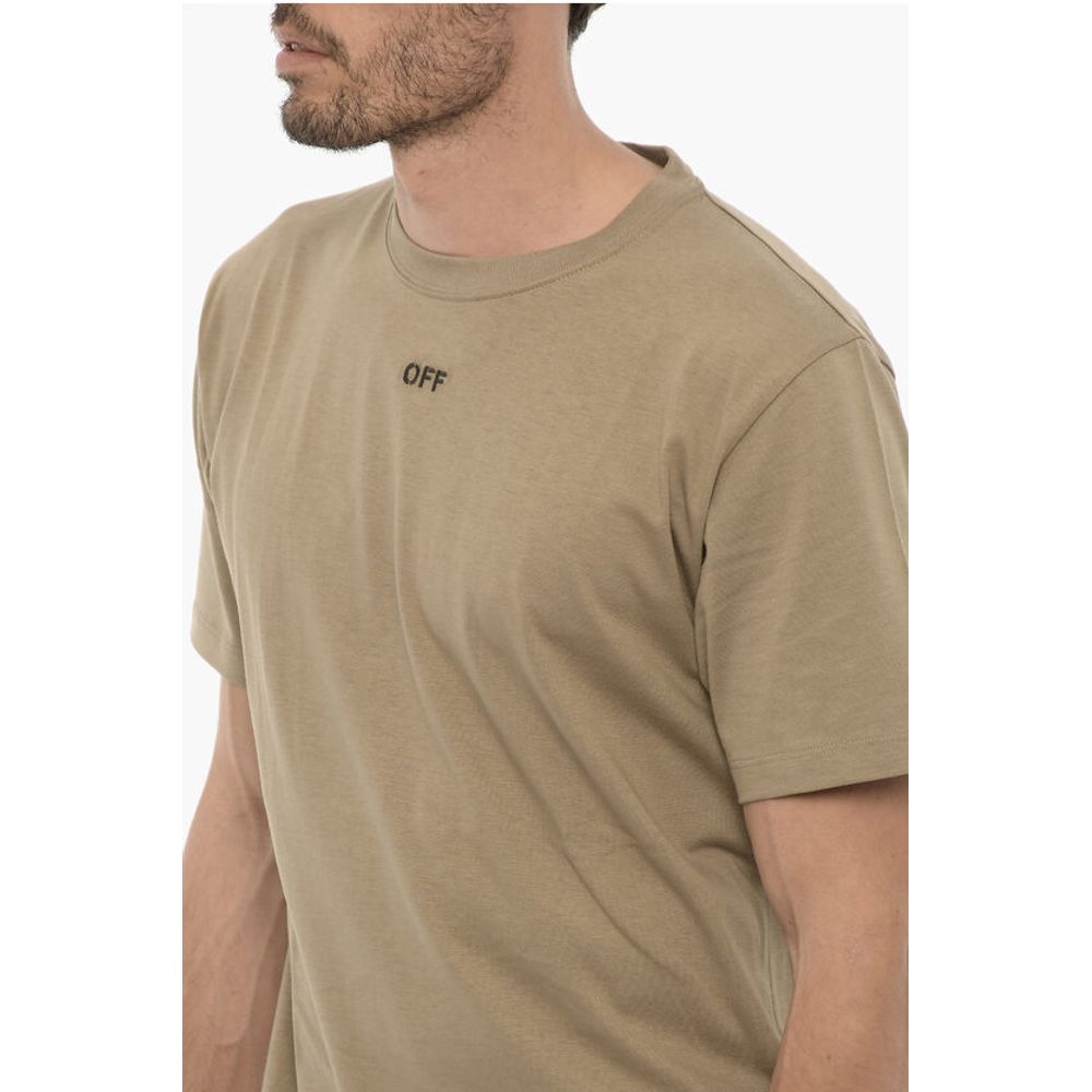 Beige Cotton Slim Fit T-Shirt with Embroidered Logo