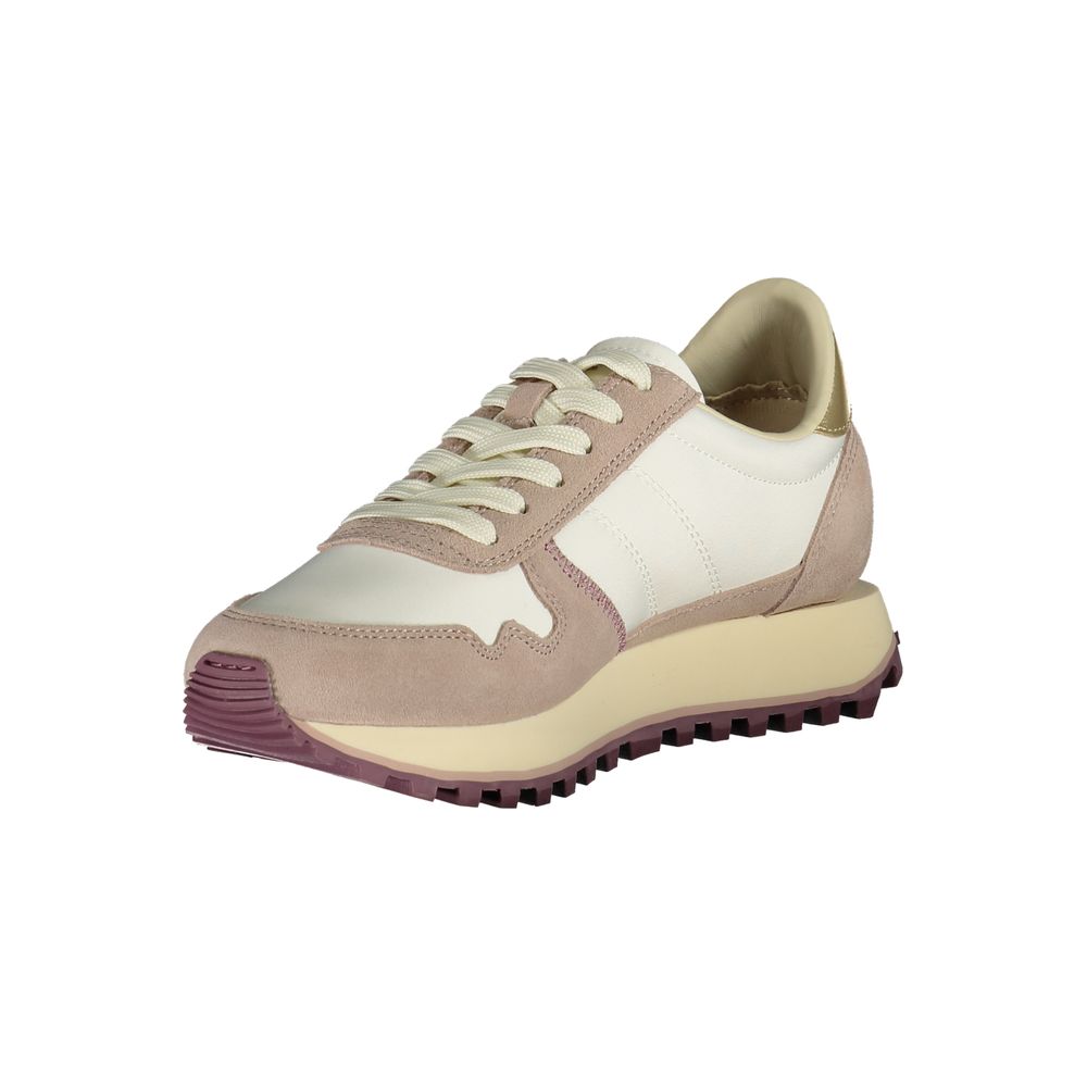 White Leather and Synthetic Sneakers with Print Detail