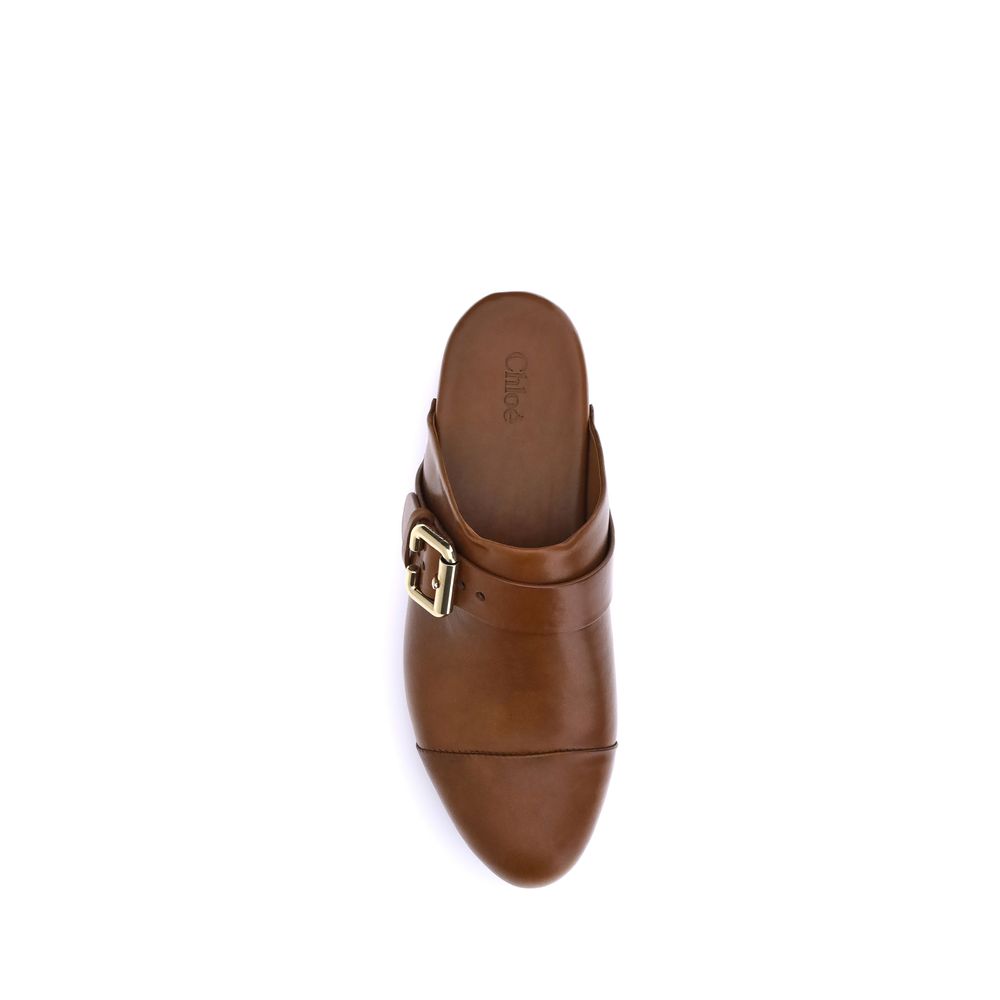 Brown Leather Clogs with Wooden Platform and Studs