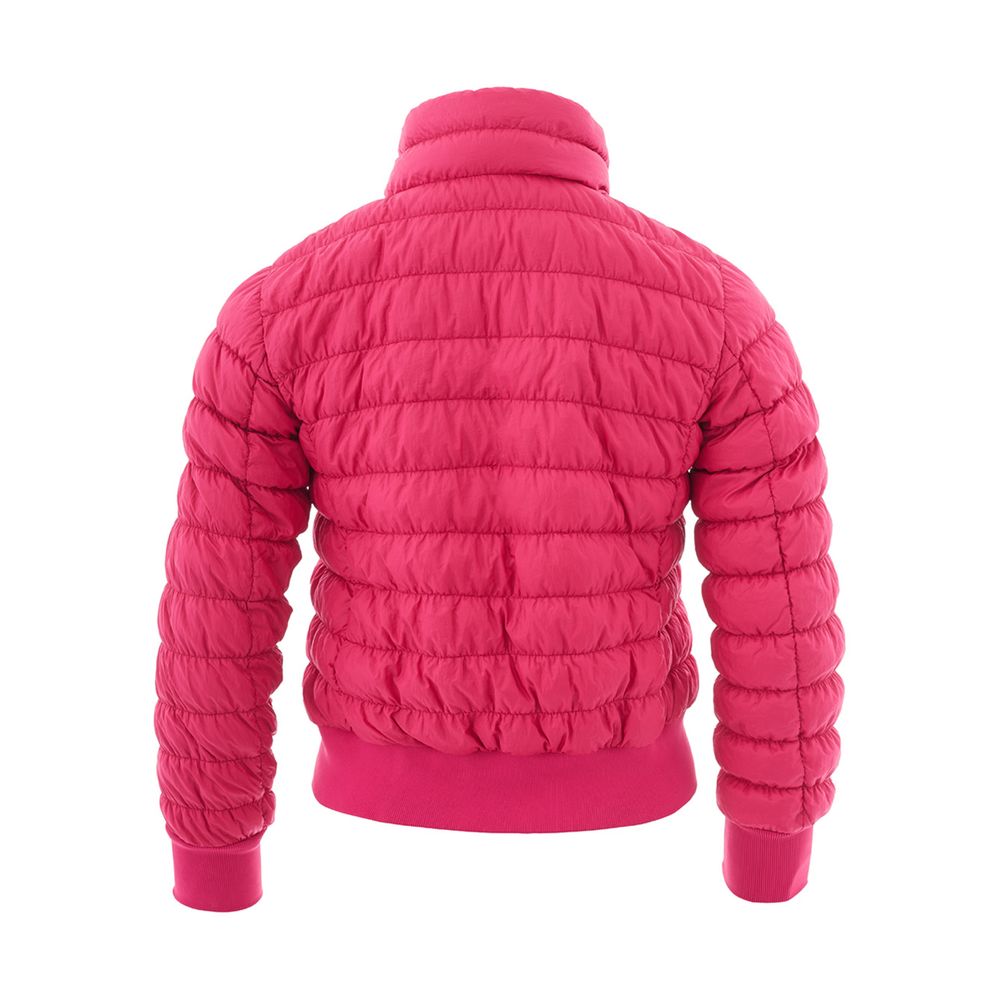 Fuchsiafarbene Bomberjacke aus Kunstfaser mit Leder-Reißverschlusszipper