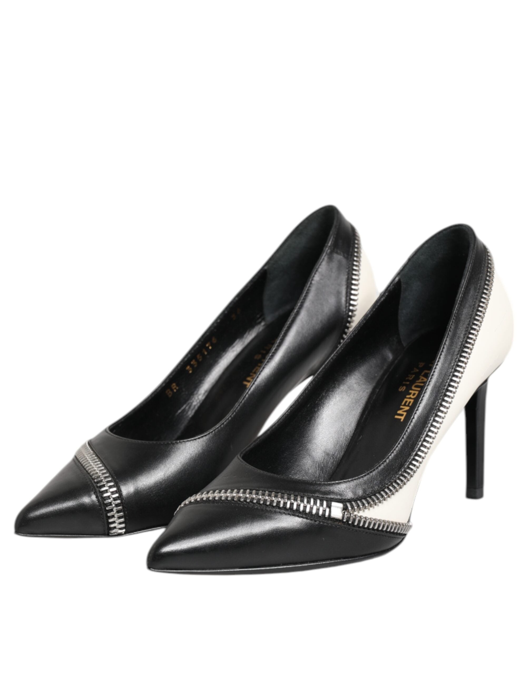 White Black Leather Stiletto Heels by Saint Laurent