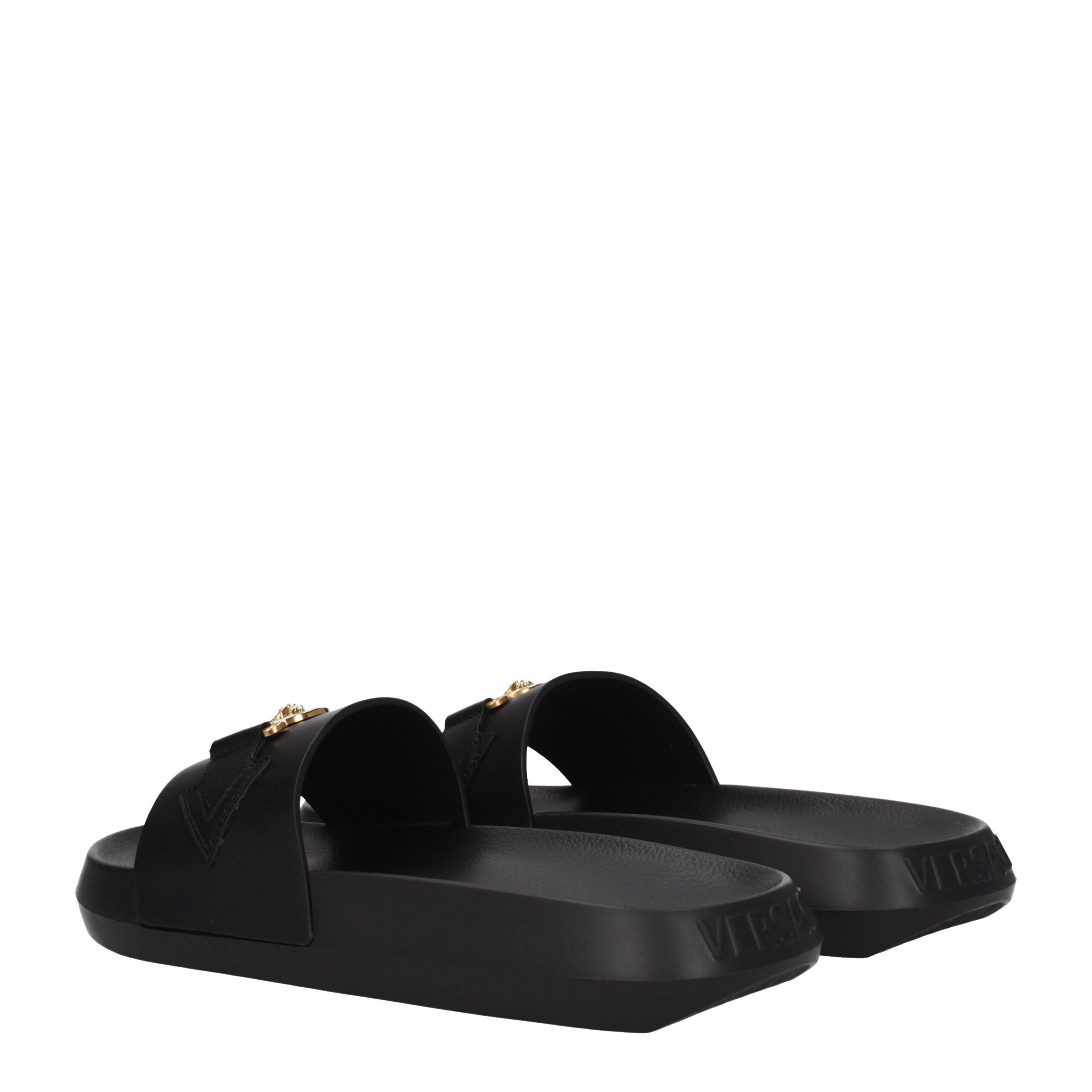 Black Leather Slippers with Gold Logo Detail