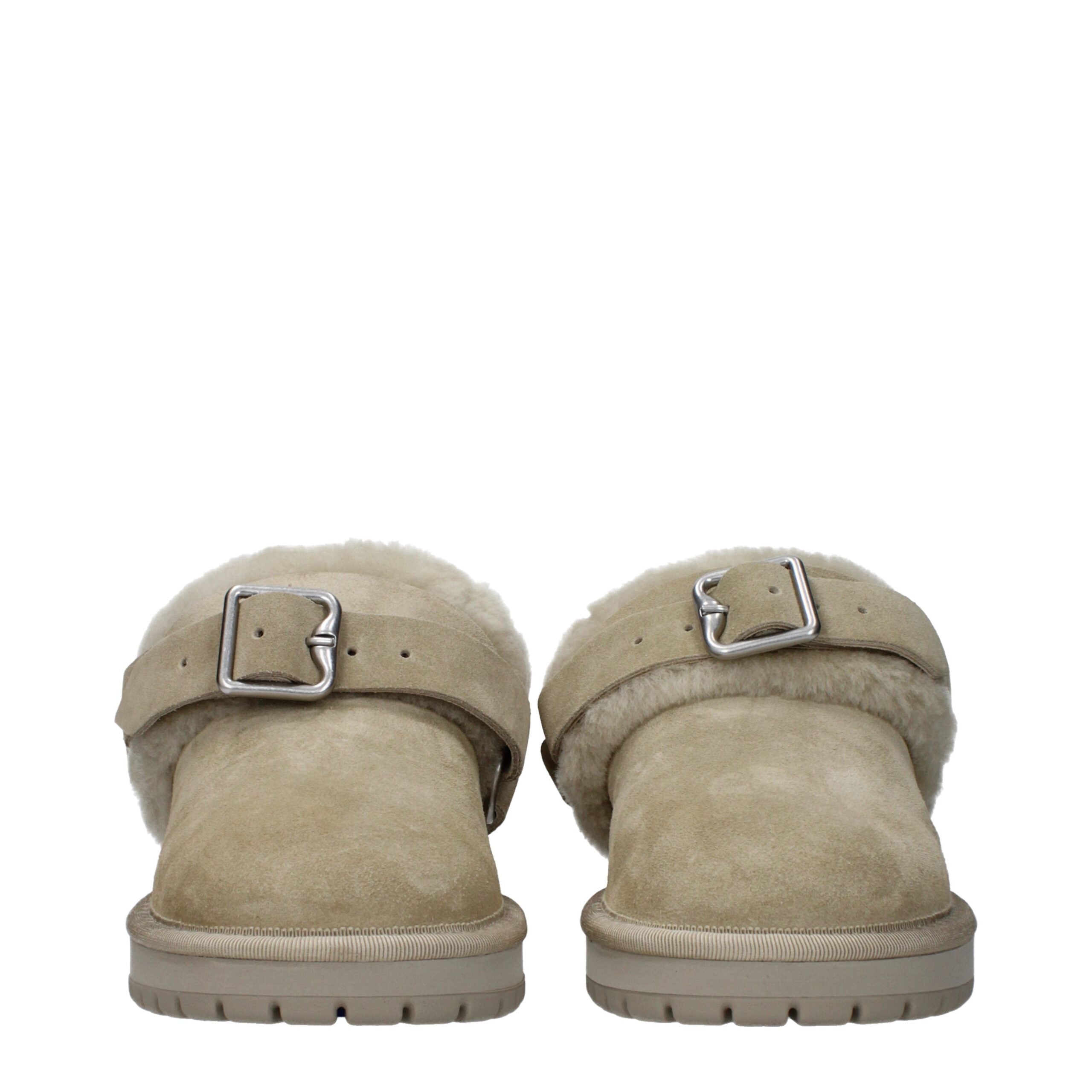 Green Leather Slippers with Fur Detail