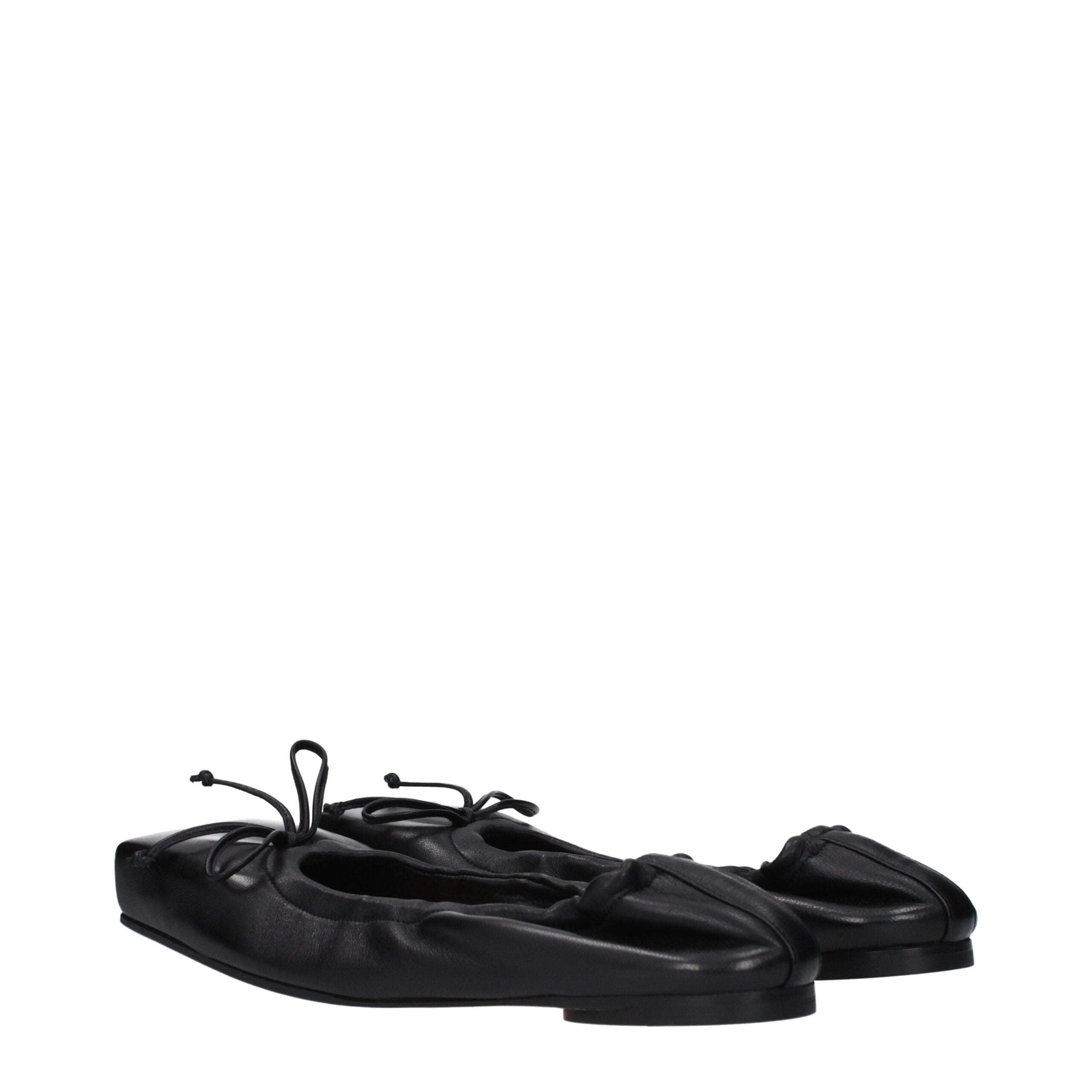 Black Leather Ballet Flats with Front Detail