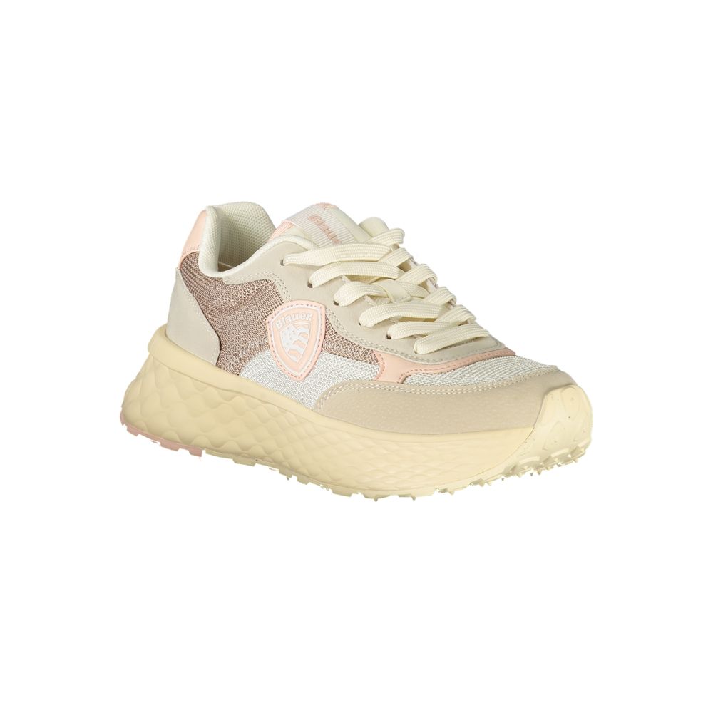 Beigefarbener Damen-Sneaker aus Synthetik mit pinkfarbenem Detail