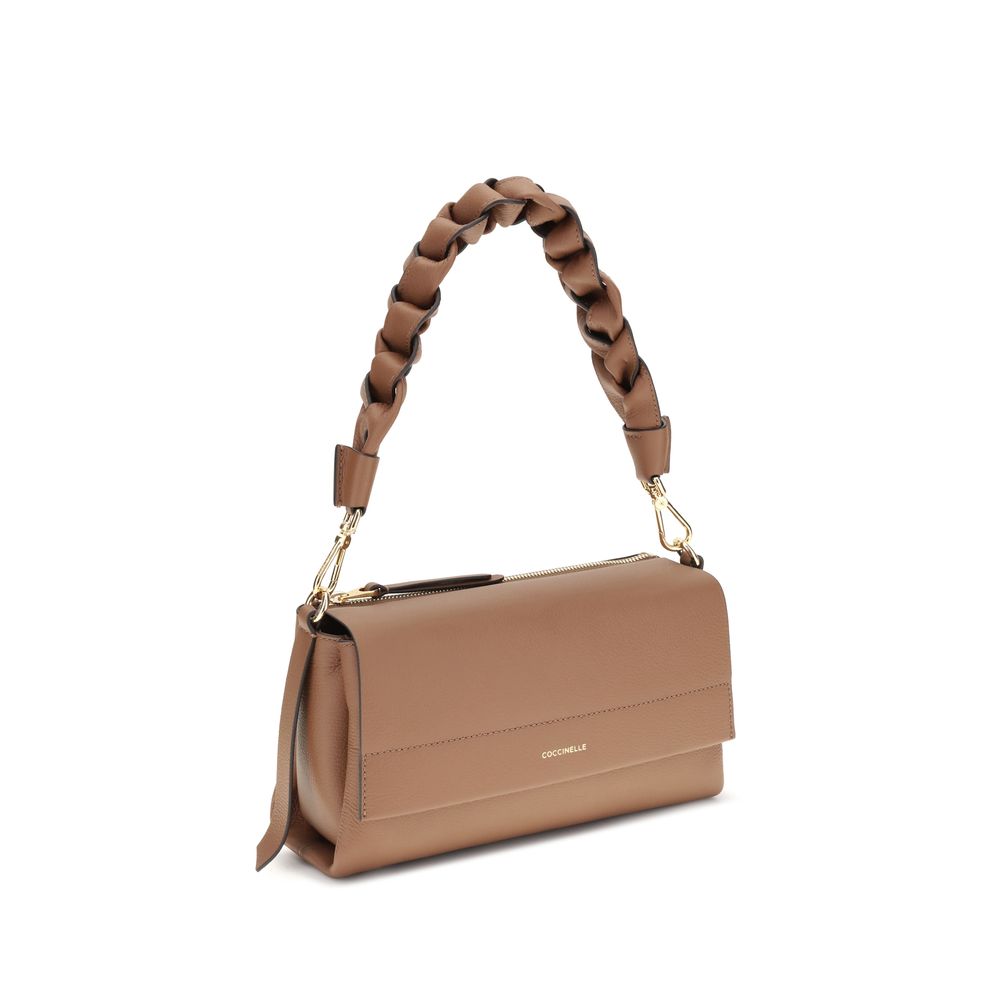 Beige Leather Shoulder Bag with Woven Handle