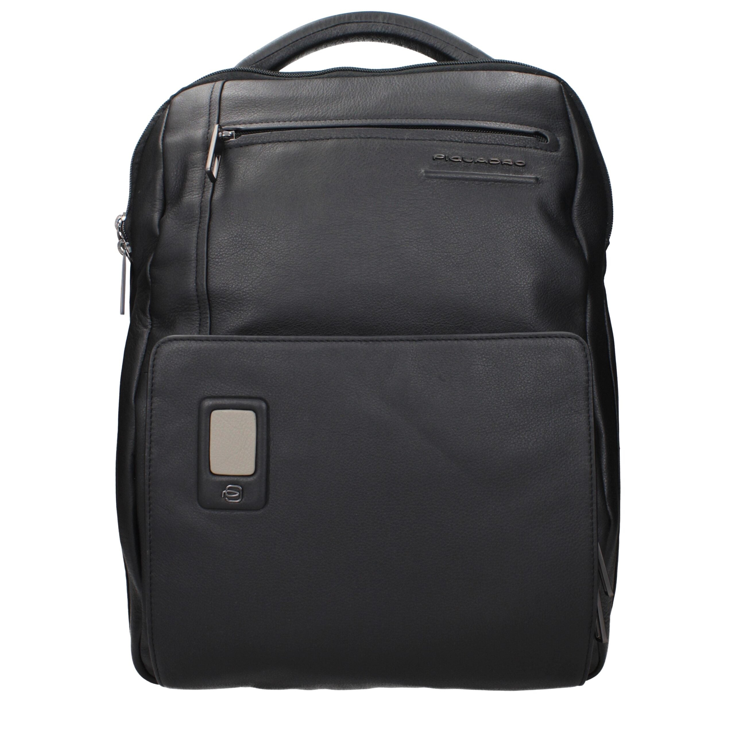 Schwarzer Lederrucksack mit verstellbaren Trägern und Logo
