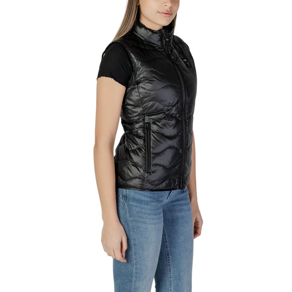 Black Synthetic Sleeveless Jacket with Quilted Design