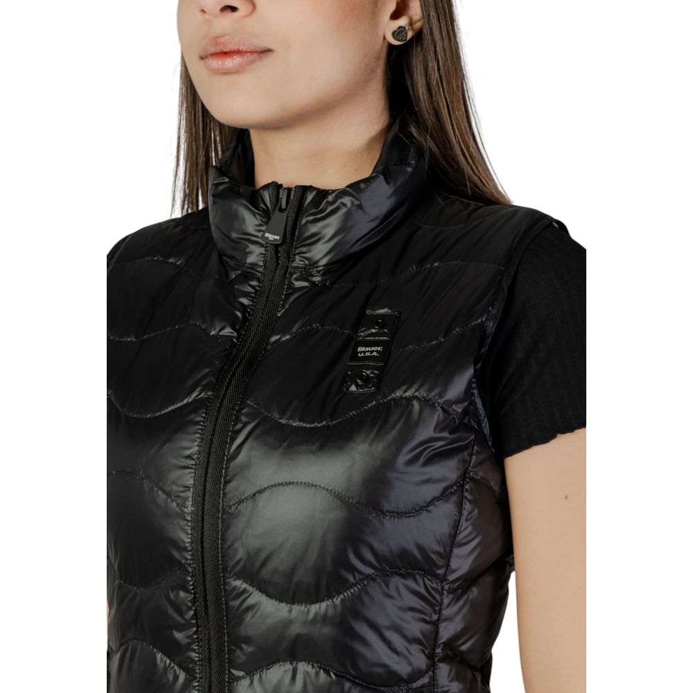 Black Synthetic Sleeveless Jacket with Quilted Design