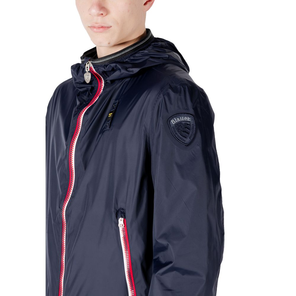 Blaue Kunstfaserjacke mit Reißverschlusstaschen