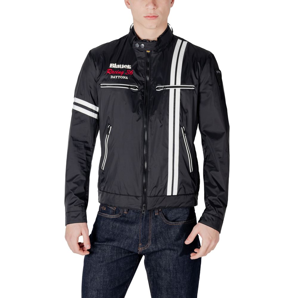 Schwarze Synthetik-Bikerjacke mit Racing-Details