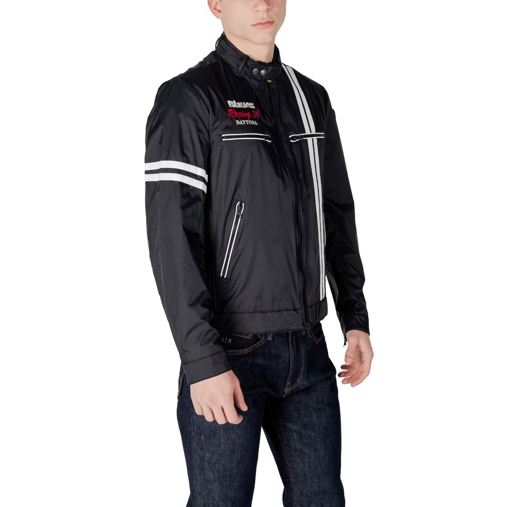 Black Synthetic Biker Jacket with Racing Stripes