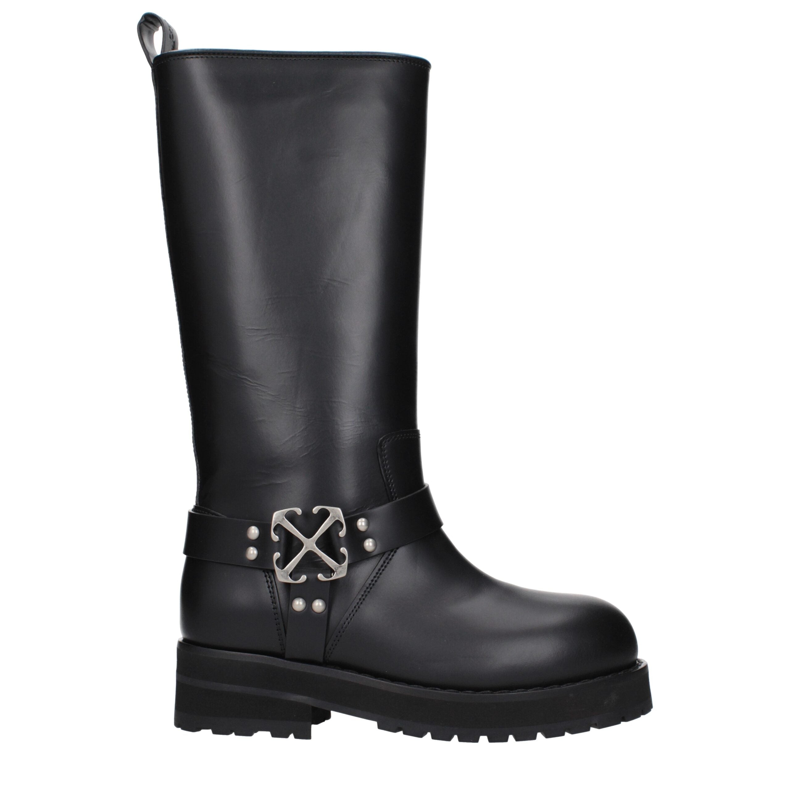 Schwarze flache Lederstiefel mit seitlichem Logo von Off-White