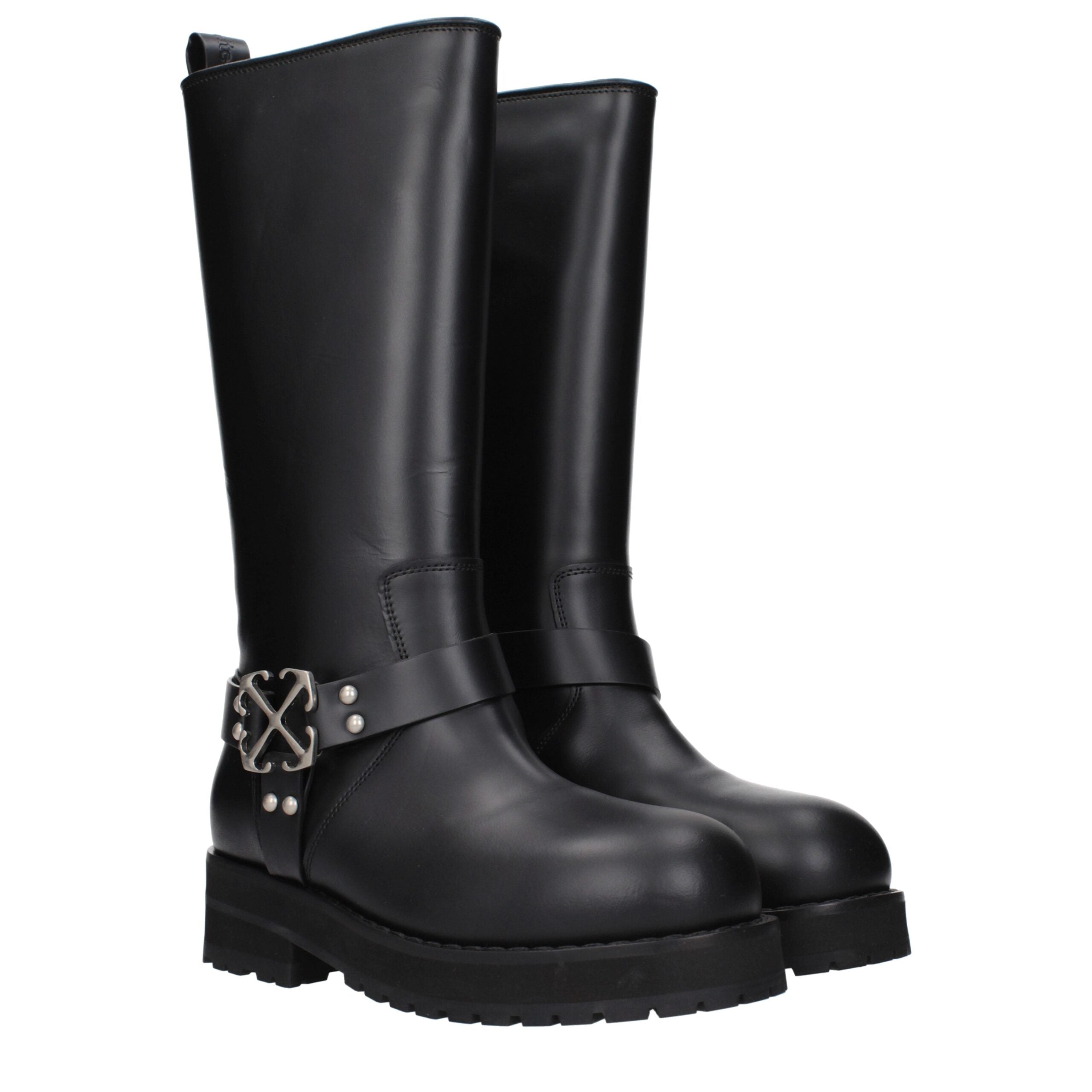 Schwarze flache Lederstiefel mit seitlichem Logo von Off-White