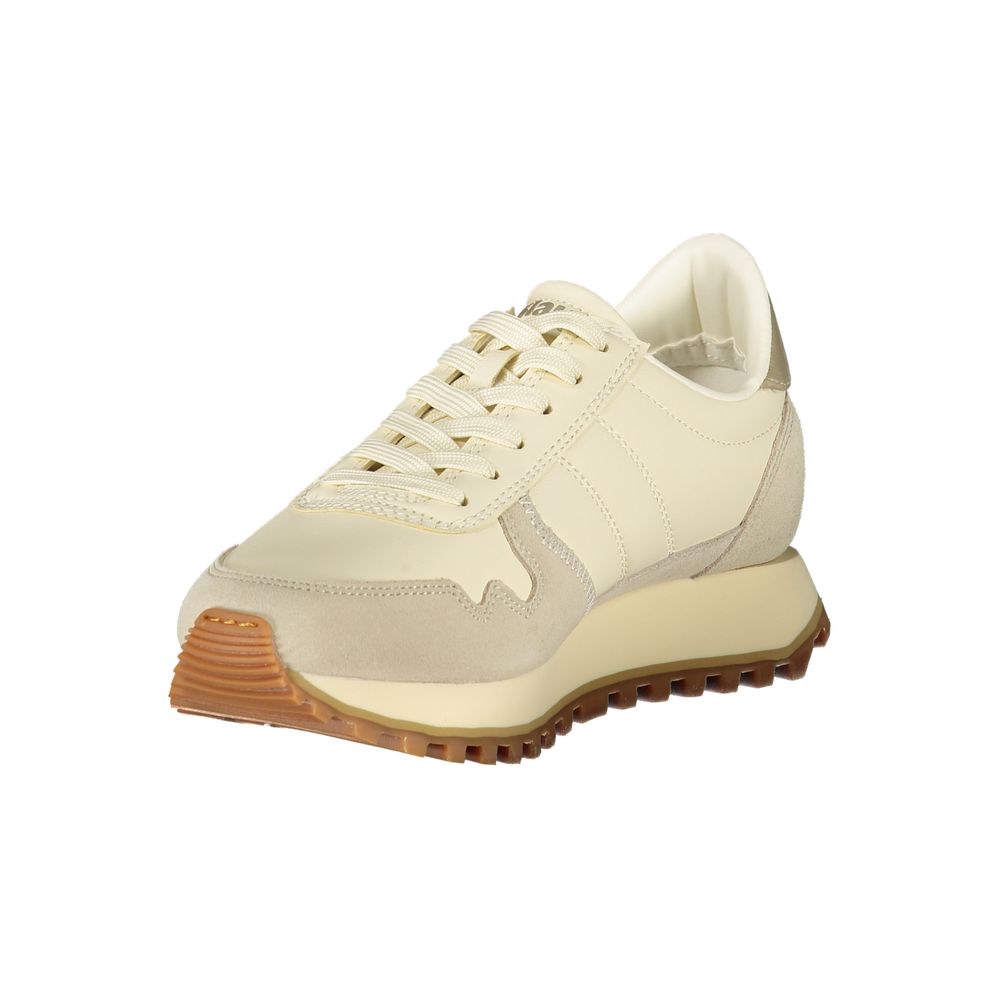 Beige Leather Sneakers with Gold Accents