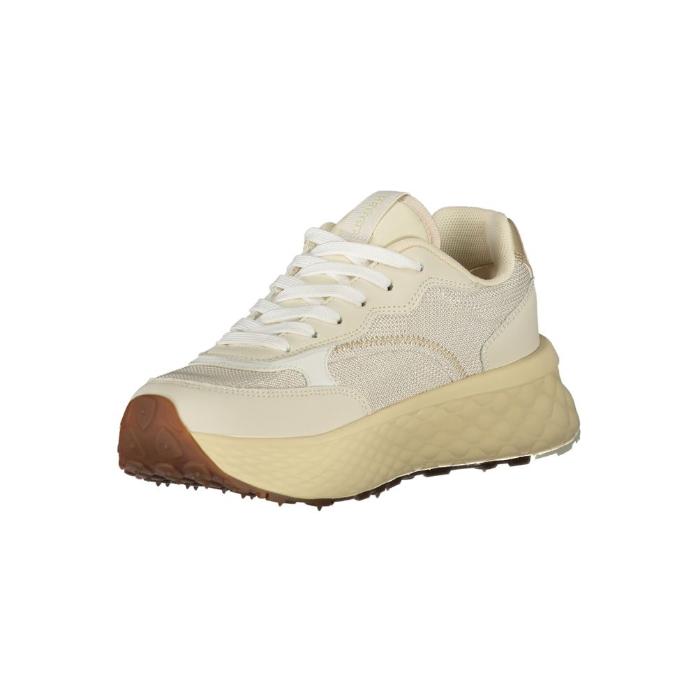 Beige Leather Sneakers with Gold Accents for Women