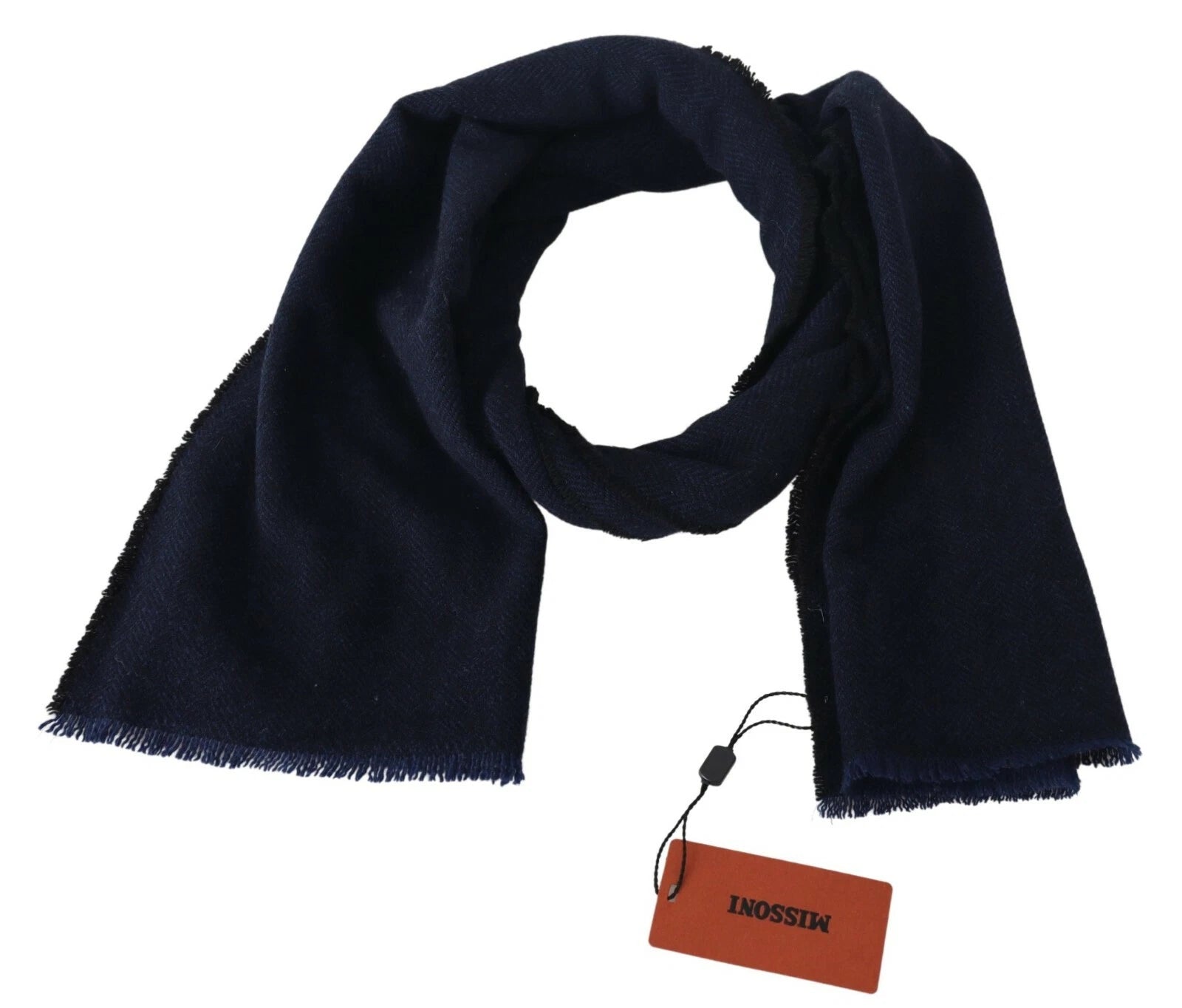 Tour de cou unisexe en laine bleu foncé avec franges et logo. Écharpe à franges et logo.
