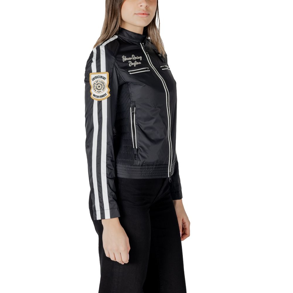 Black Synthetic Biker Jacket with Embroidered Details