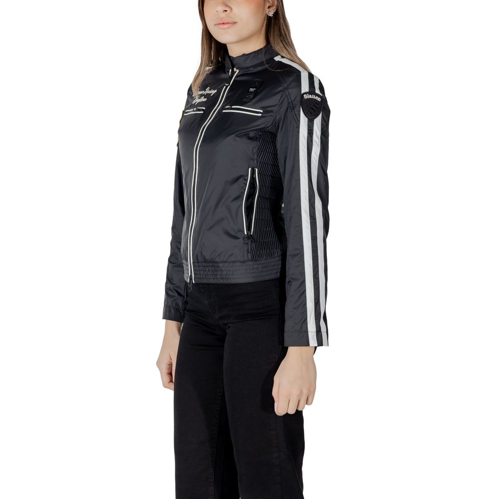 Black Synthetic Biker Jacket with Embroidered Details