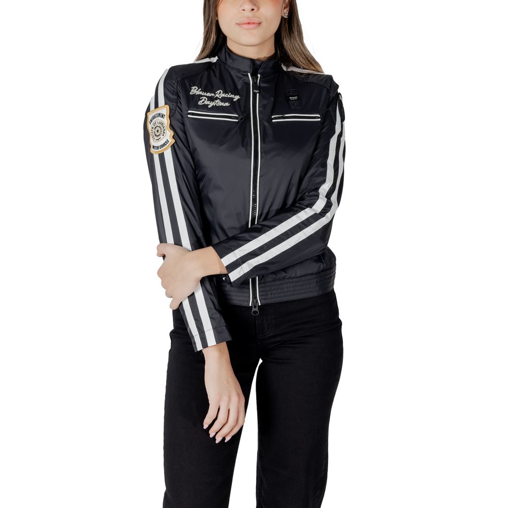 Black Synthetic Biker Jacket with Embroidered Details