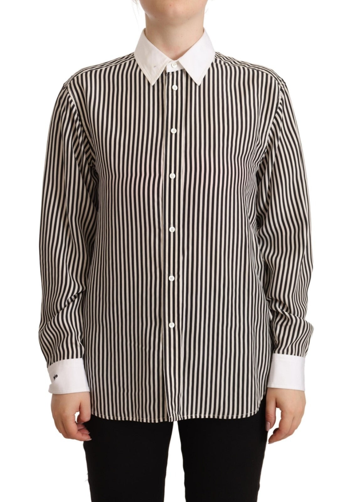 Schwarz-weiß gestreiftes Seiden-Polo-Langarmshirt