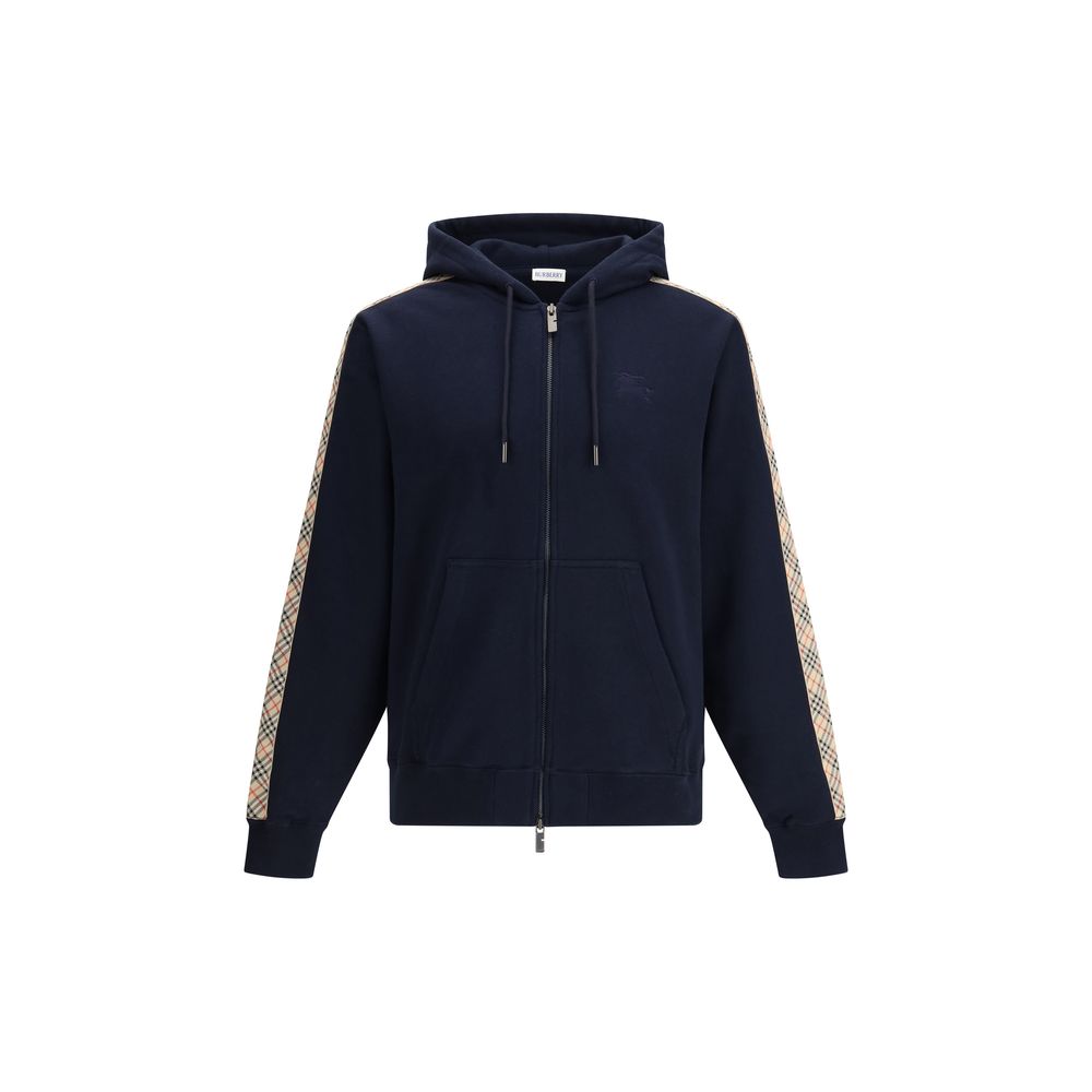 Blauer Kapuzenpullover aus Baumwolle mit Reißverschluss und Karobesatz