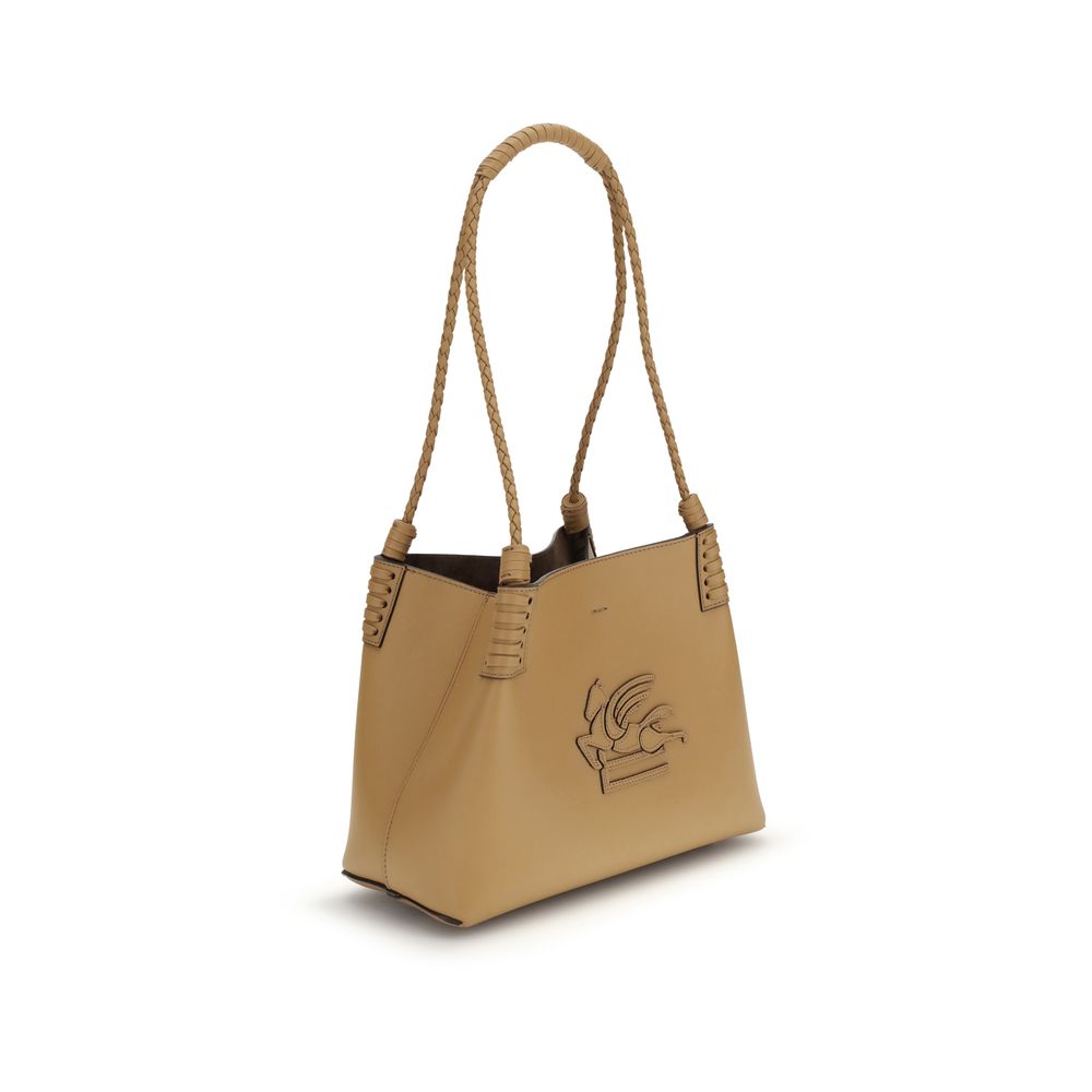 Beige Leather Shoulder Bag with Braided Handles