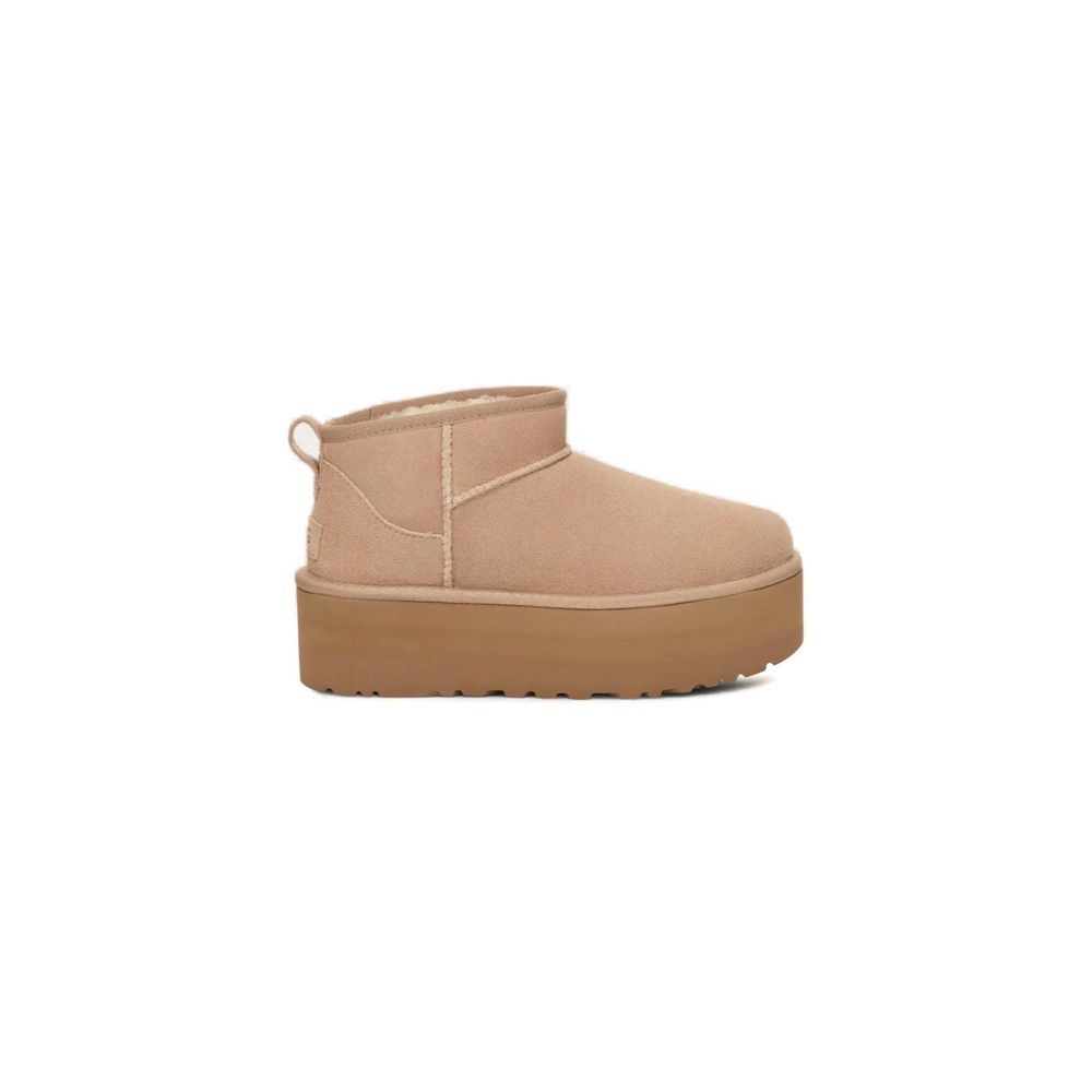 Beige Leder-Ankle-Boots mit Plateau-Sohle
