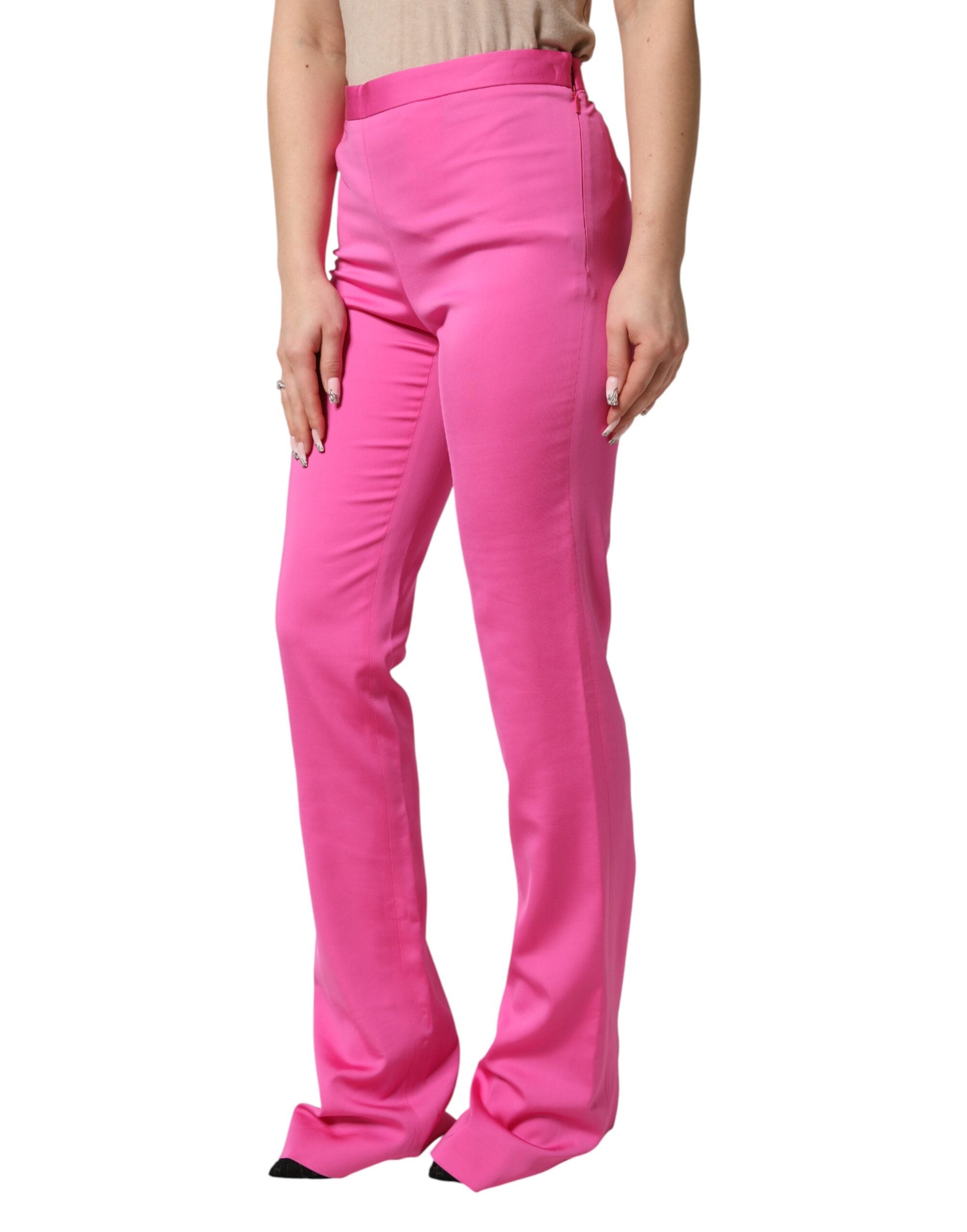 Pantalon droit décontracté taille haute en viscose rose