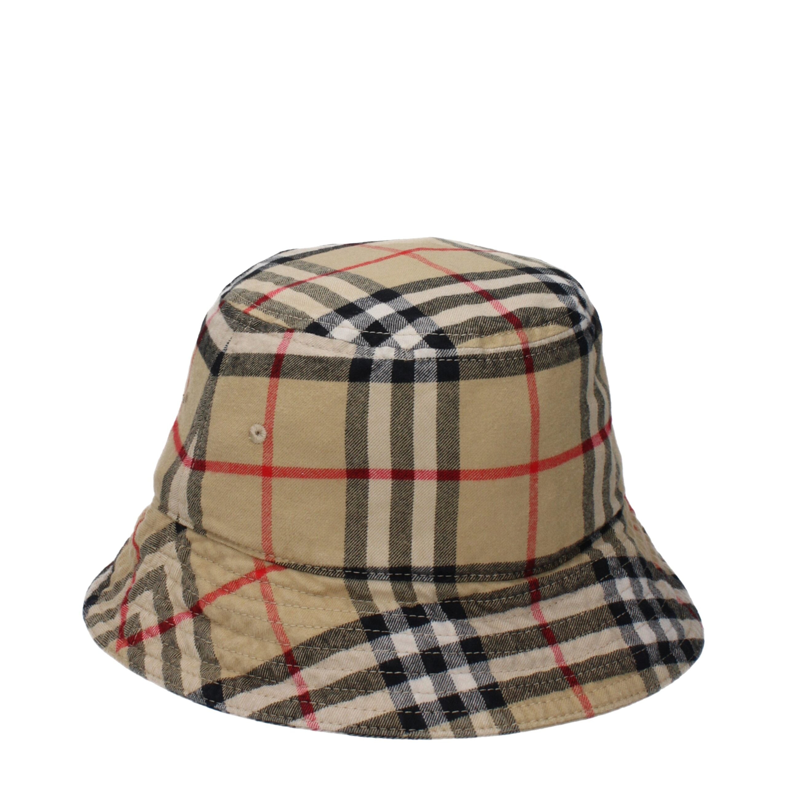 Beige Cotton Bucket Hat with Check Print by Burberry
