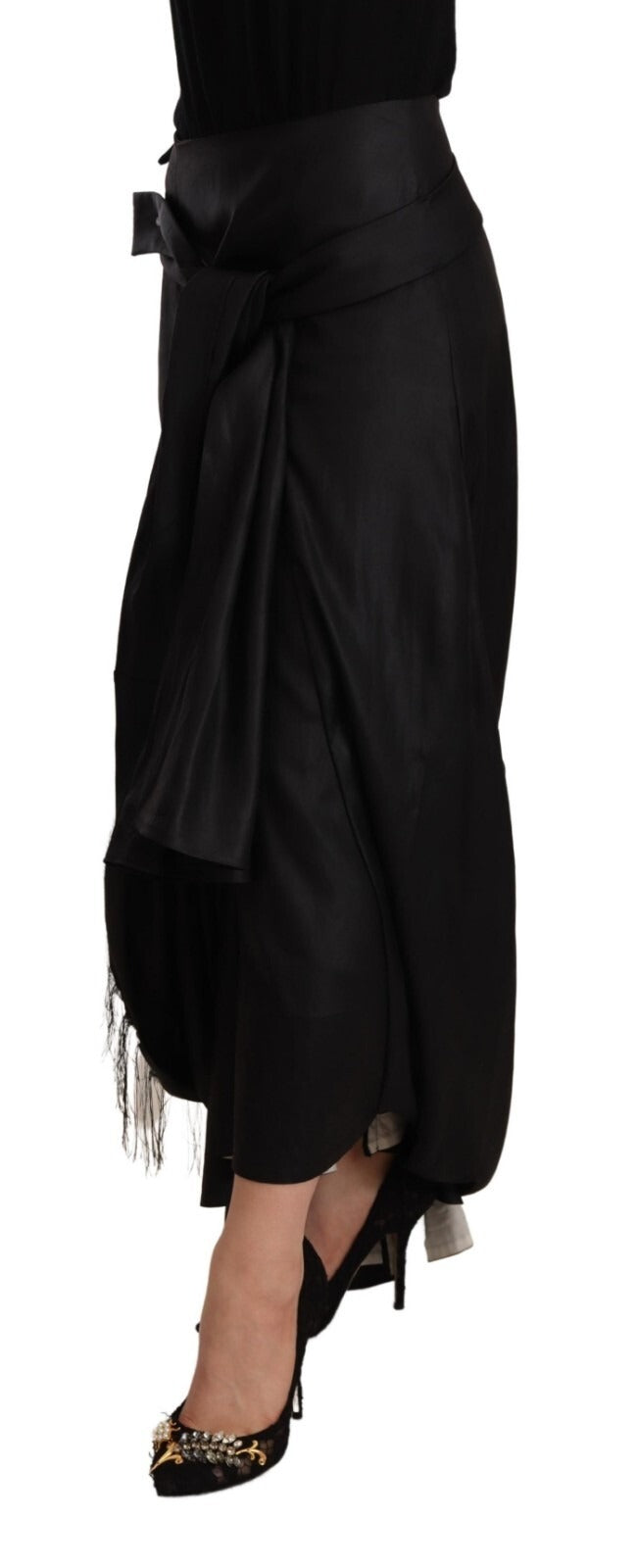 Jupe asymétrique portefeuille en acétate noir taille haute